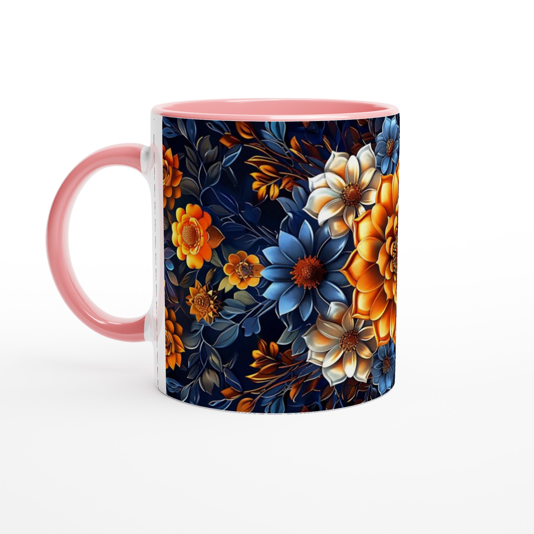 Lyxig Blomstermugg 11oz – Eleganta Orange, Blå & Vita Blommor på Mörk Bakgrund 6 4030807c-a85a-495c-bffd-71c44a6f4be9