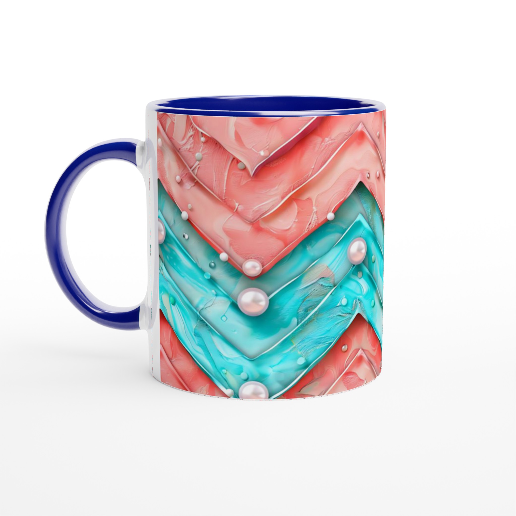 Vit 11oz keramisk mugg med färgstarkt abstrakt mönster i blått och korall 2 40f7e3b5-0ad2-494c-81bf-b48710f981b4