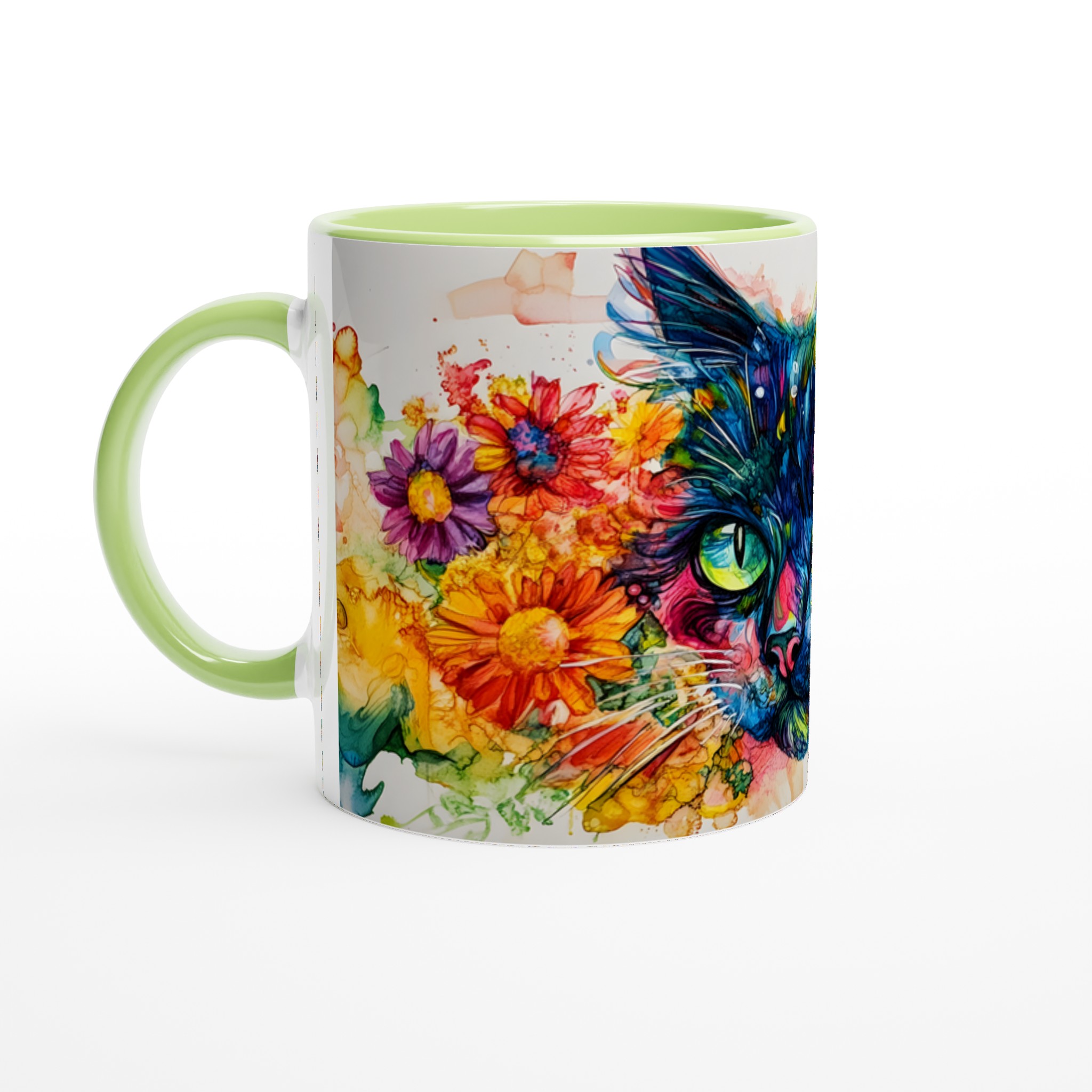 Vit 11oz keramisk mugg med färgstark katt och blomsterdesign i blå, gul och röd 7 410dcbb2-790c-4c24-9c18-19c02007274e