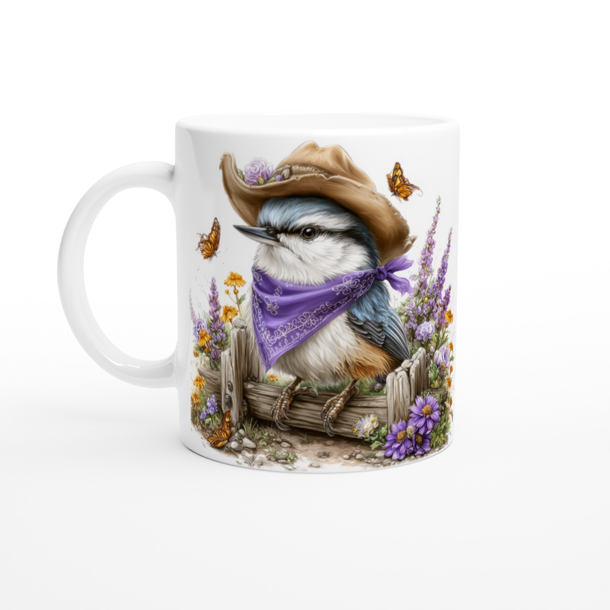 Vit 11oz keramisk mugg med charmig fågel i cowboyhatt – välj bland sju dekorativa färger 1 4175480a-fcff-4b98-badd-079aeb567938