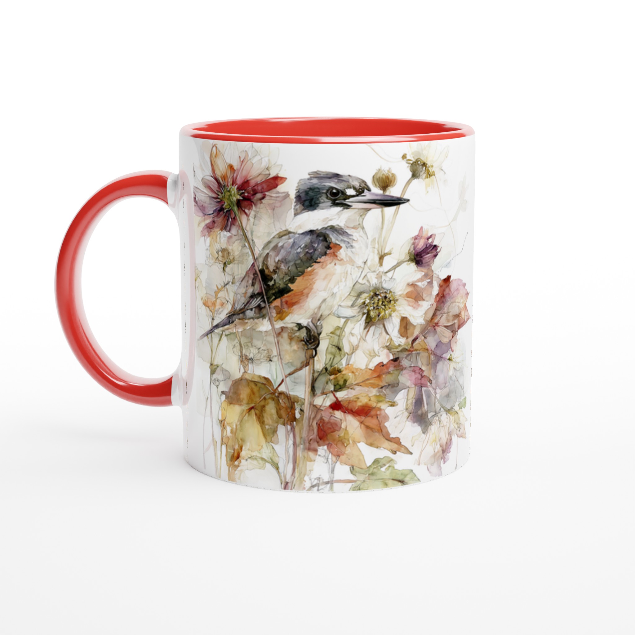 Vit 11oz keramisk mugg med konstnärligt fågelmotiv i mjuka höstnyanser 5 418e16ad-f9af-4585-a5be-2dcd0b403687