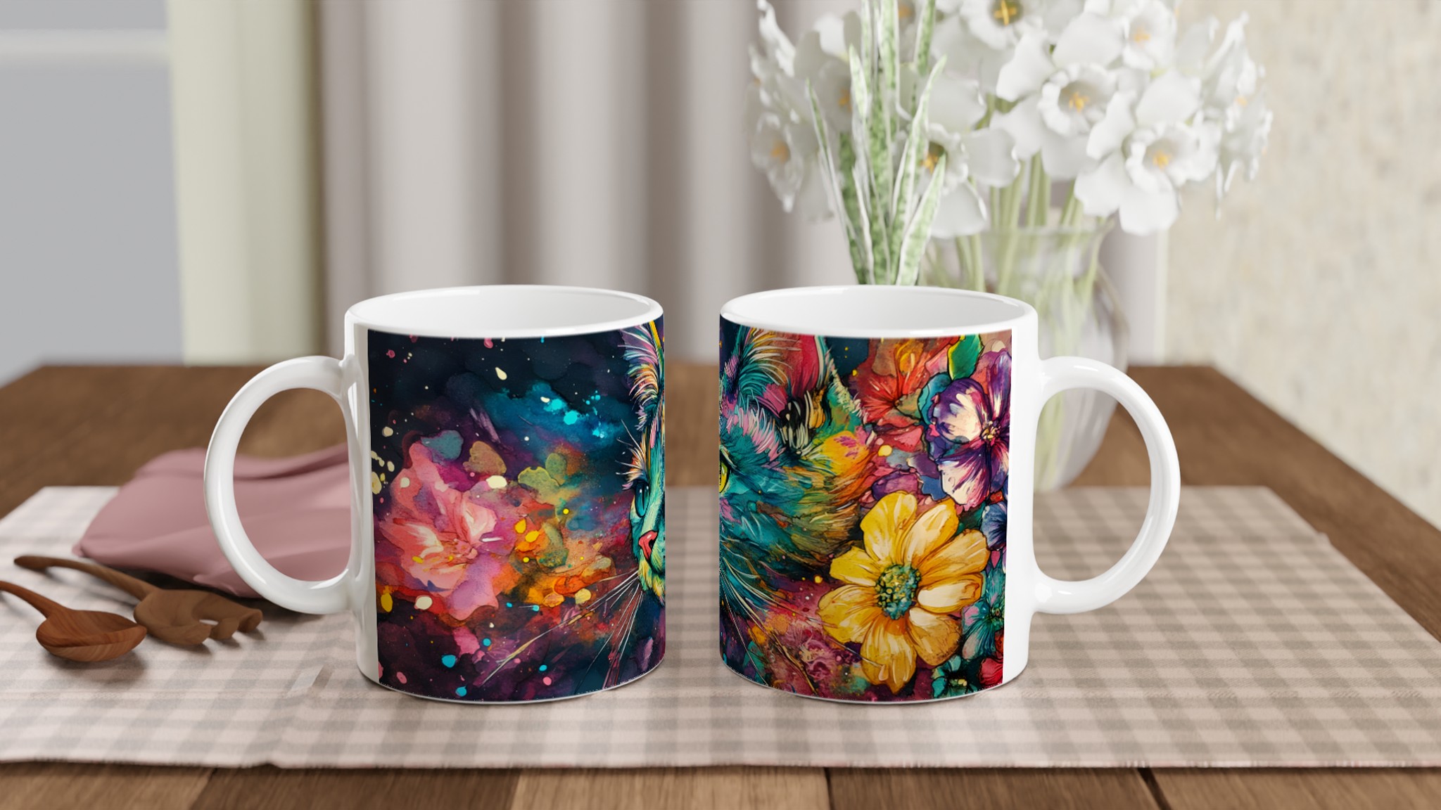 Vit 11oz Keramisk Mugg med Färgstark Katt- och Blomsterdesign i Din Favoritfärg 10 425122b4-8df1-4322-96f6-f8a61104d465