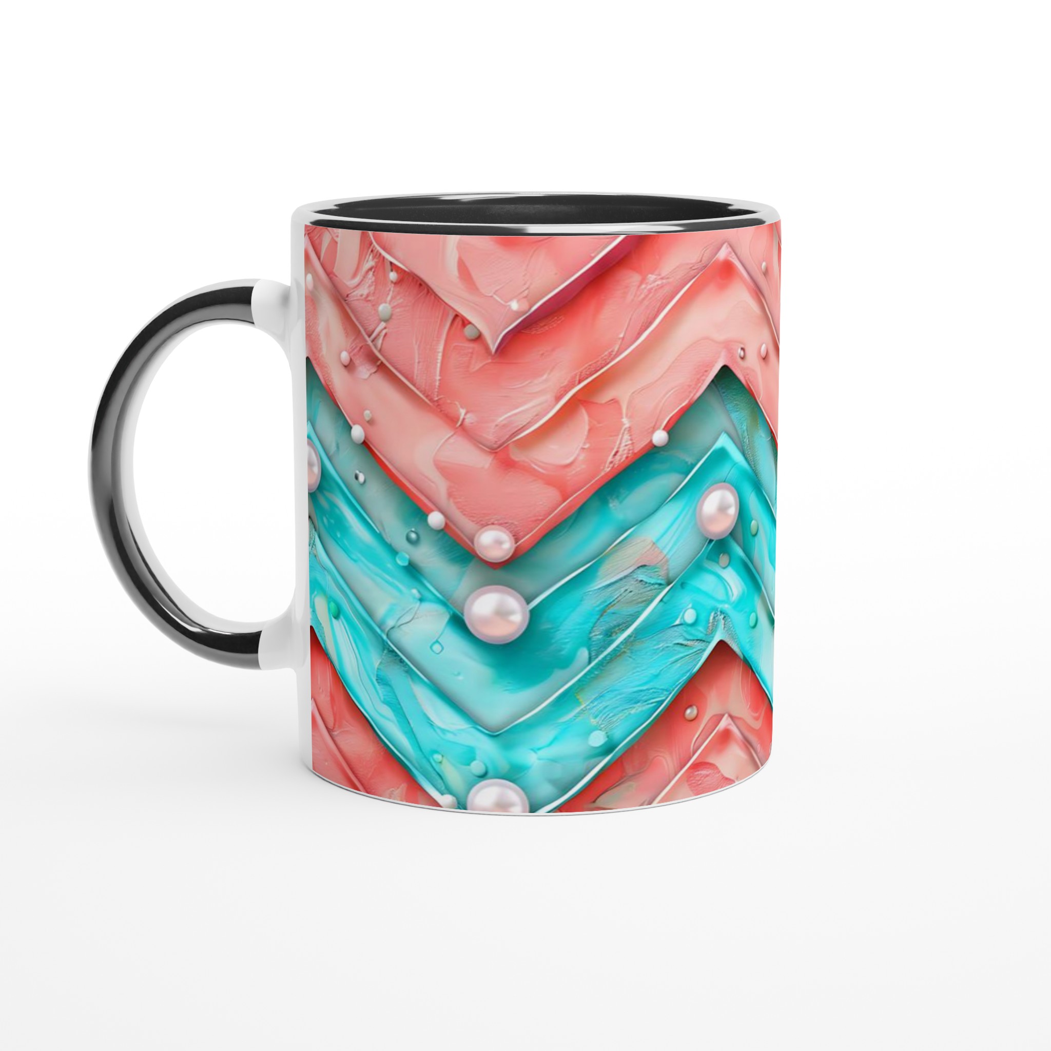 Vit 11oz keramisk mugg med färgstarkt abstrakt mönster i blått och korall 4 430565c2-0717-4831-92ef-3dd9aa8c9f84