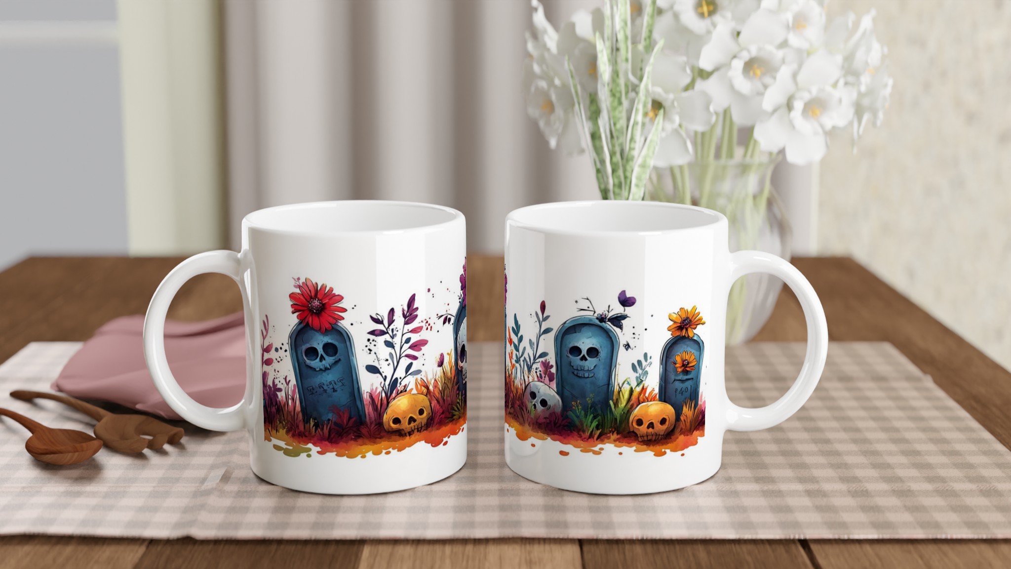 "Söta Skräcken" Keramisk Mugg - Gotisk Charm med Färgstarka Blommor & Skallar, 11oz Kaffekopp i Valfri Färg 10 434a0ae1-7393-48cb-80ed-4f6483e47ed4