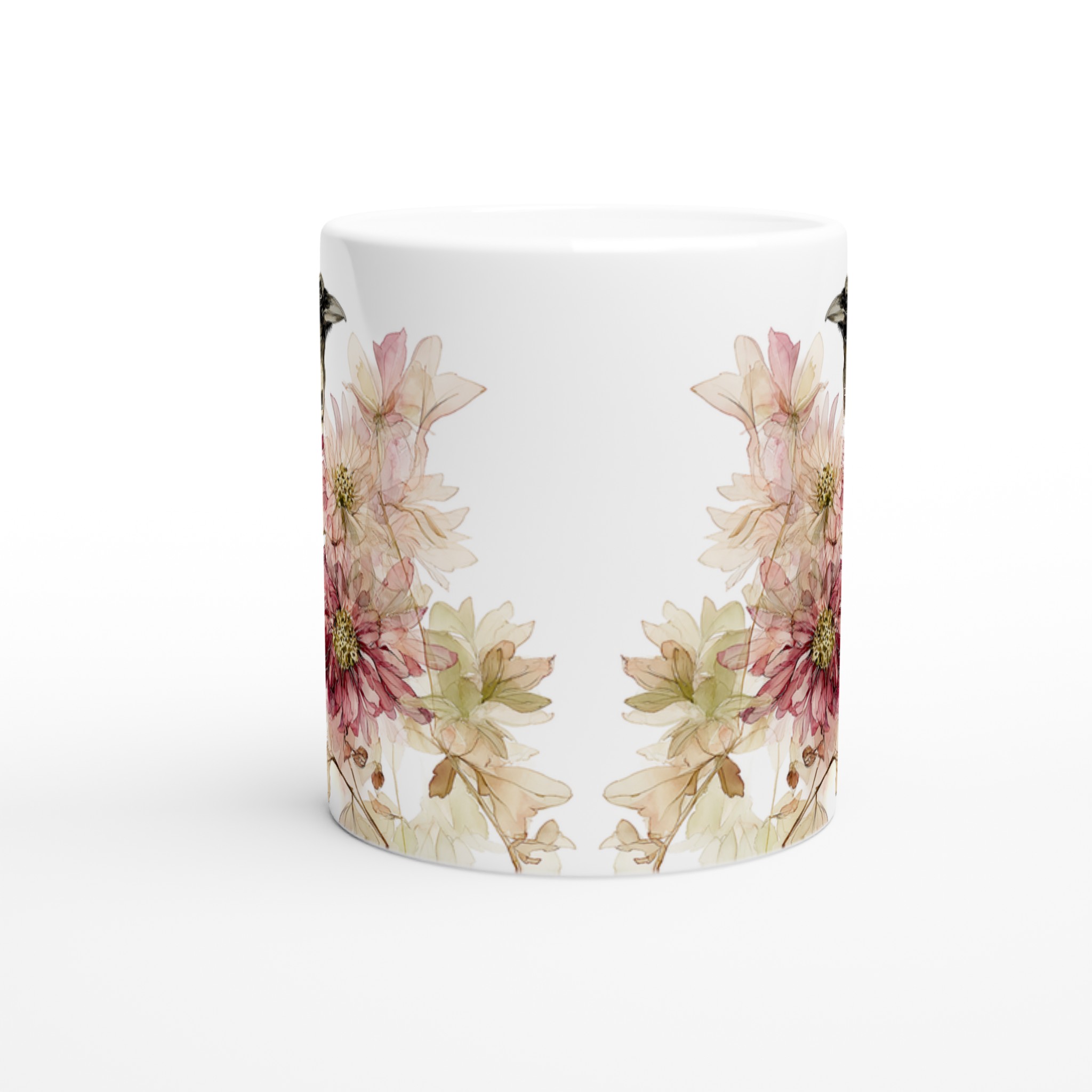 Elegant Vit keramisk mugg med poetisk fågel- och blomdesign i mjuka pasteller 8 436c8982-7cde-498d-b7e3-011f412653e6