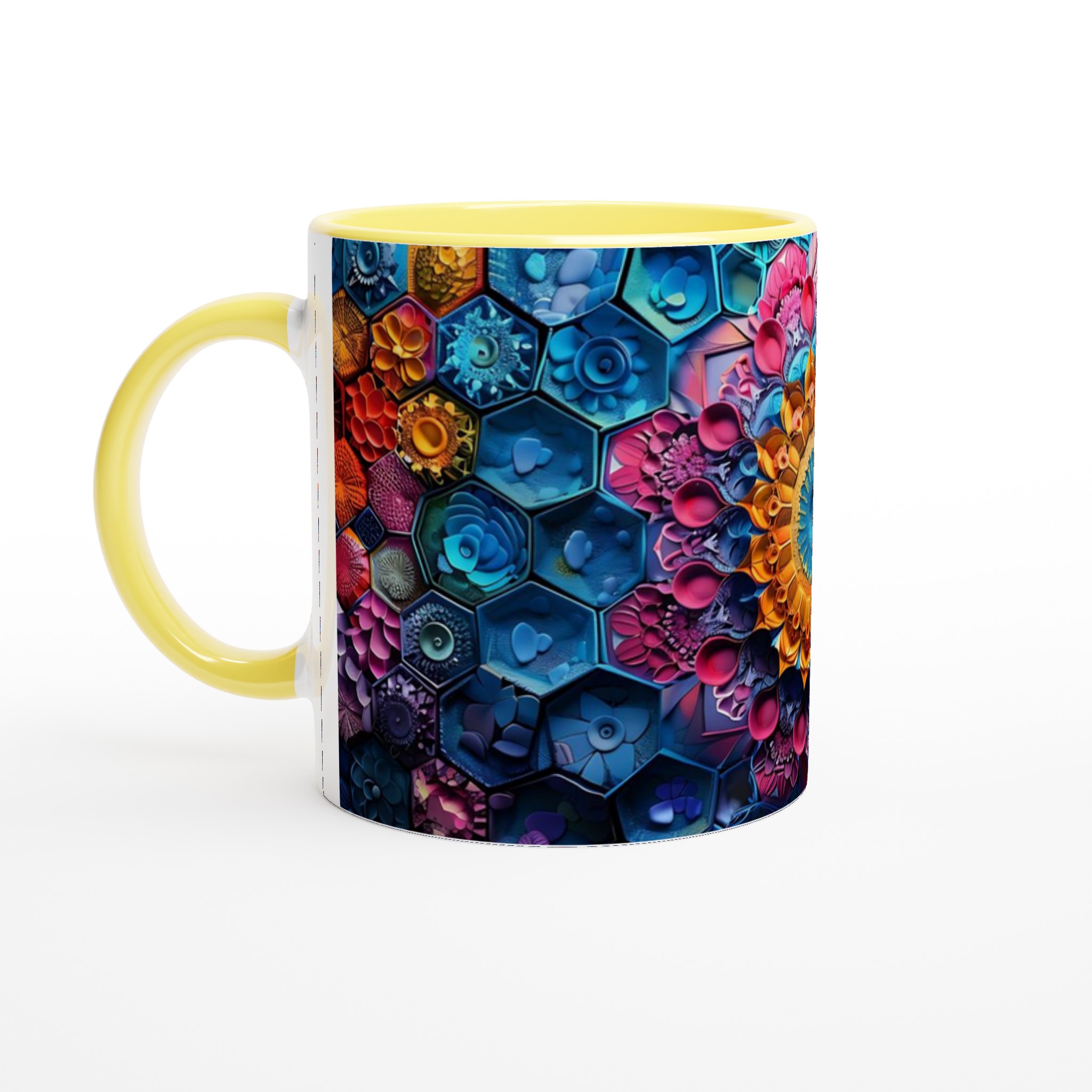 Mönstrad 11oz Keramisk Mugg - Psykedelisk Blomster i Blått och Guld 3 43877314-0b79-4362-b9f9-9c2eb4075730