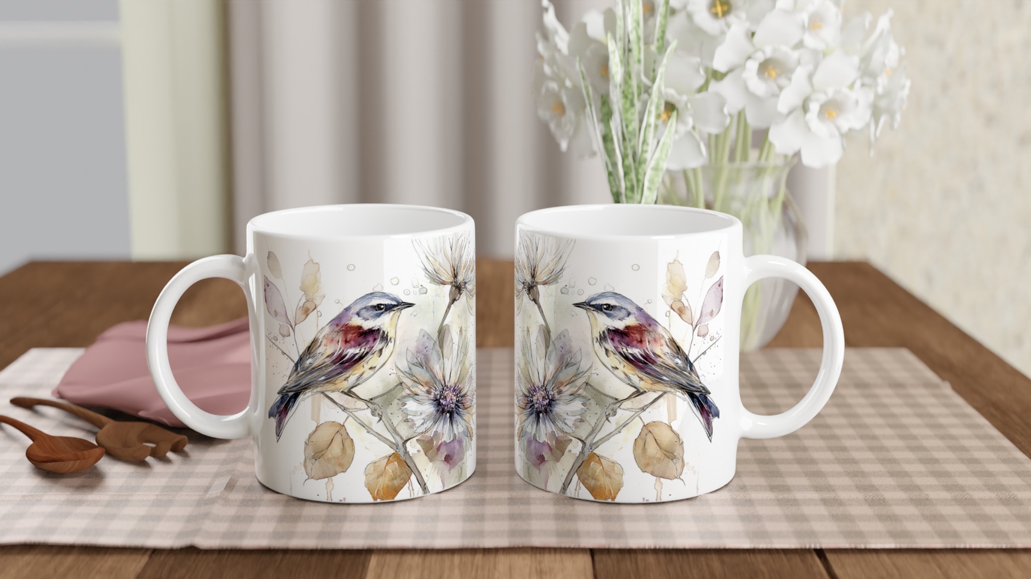 Vit 11oz keramisk mugg med elegant akvarellfågel och blommor – välj bland sju vackra färger 10 43dee2de-5b41-46eb-be2f-217d24aceebf