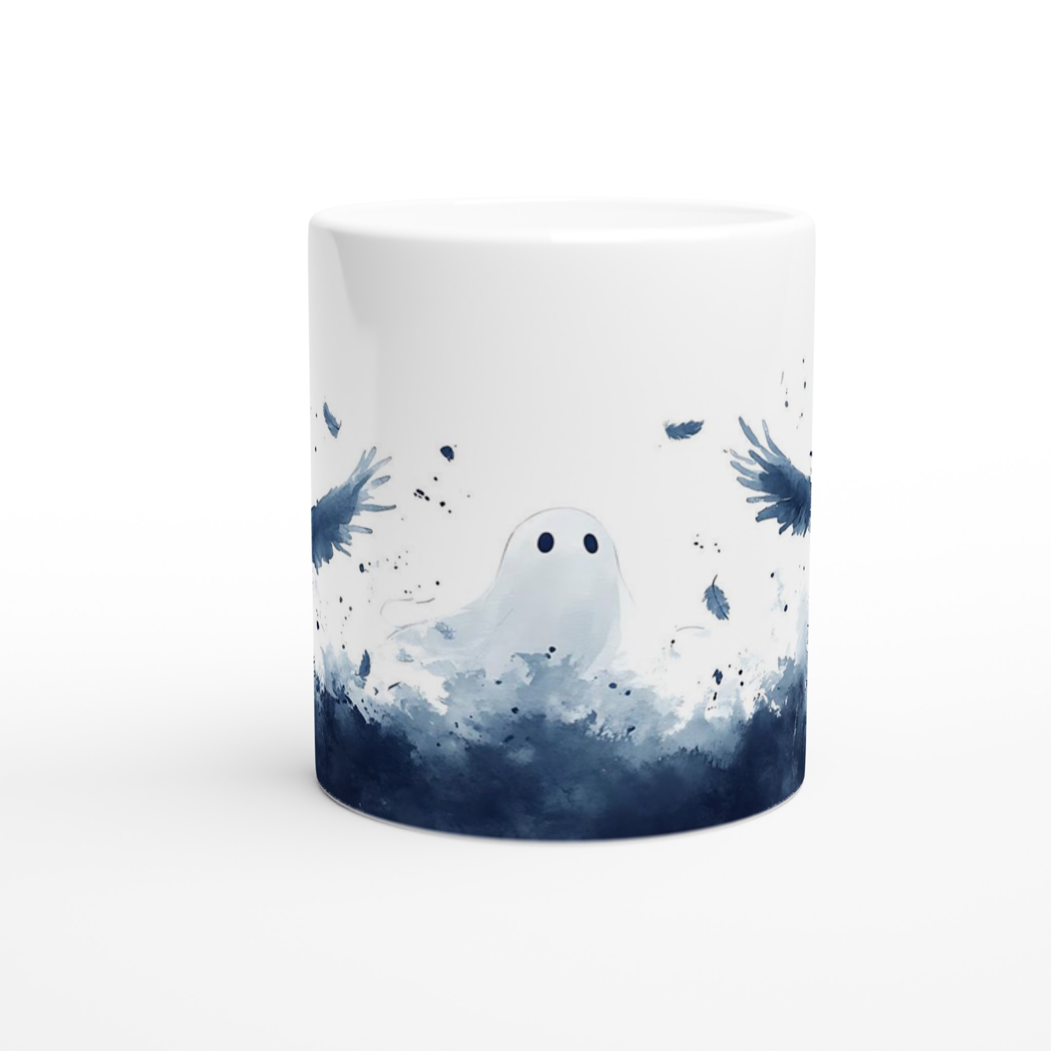 Spöklika Vänner Mugg – Akvarell Design, Charmiga Spöken och Fåglar i Dimblått – 11 oz Keramikmugg 8 440deb70-f0ea-427e-b0a4-13d6502ac1d9