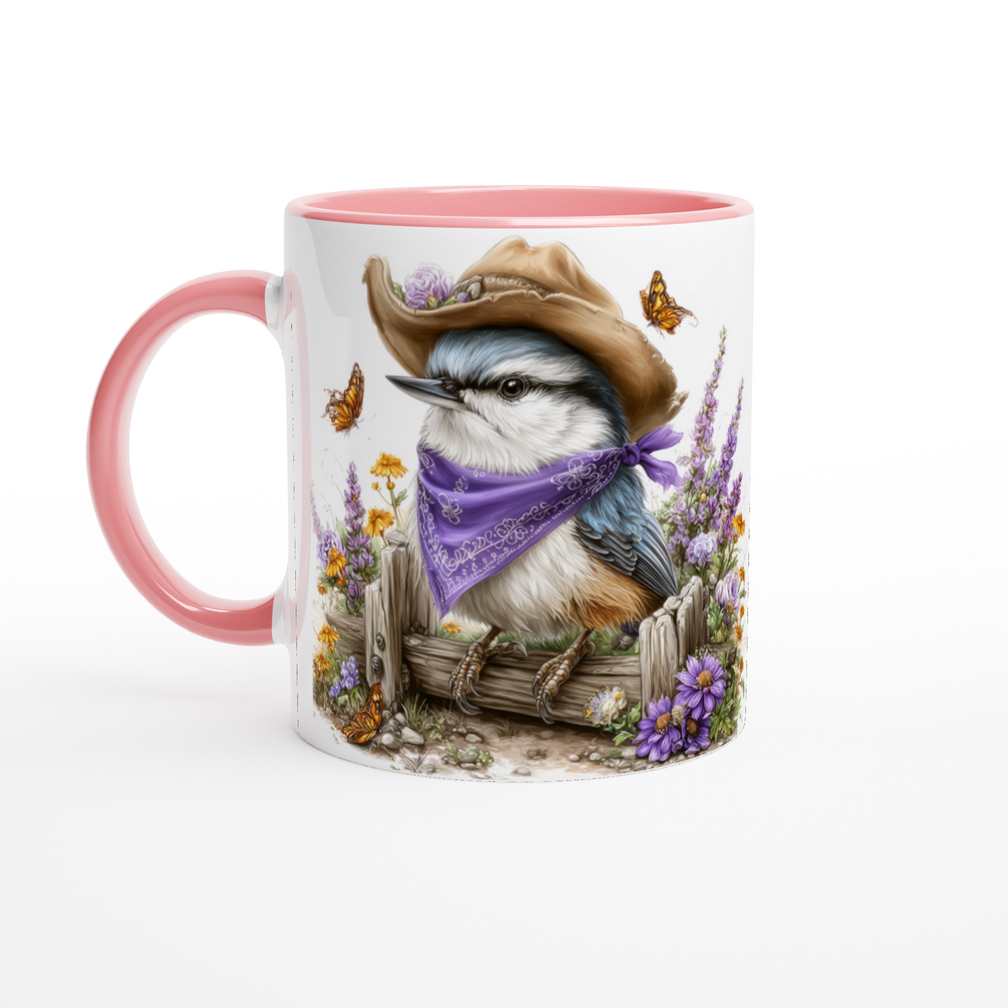 Vit 11oz keramisk mugg med charmig fågel i cowboyhatt – välj bland sju dekorativa färger 6 44a34470-40d8-4e51-acad-1e4ac0deabb4