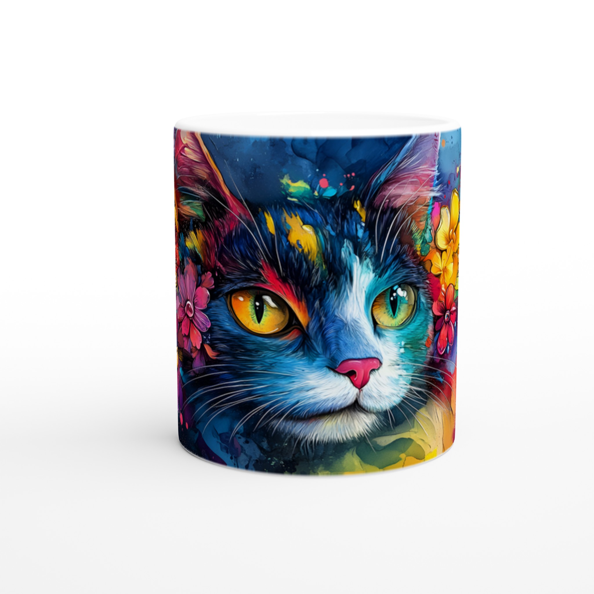 Vit 11oz keramisk mugg med färgstark konstnärlig katt, välj bland sju livfulla keramiska färger 8 44d50652-5c40-4184-beb1-22d4ea491910