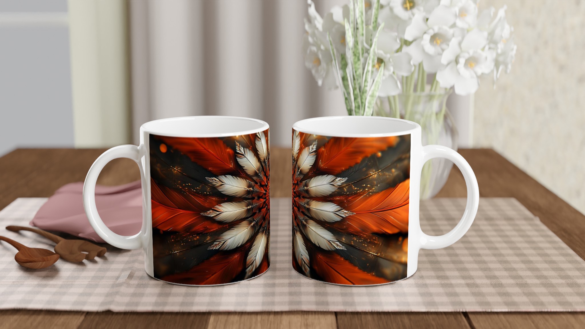 Konstnärlig Fjäderkalejdoskop Keramisk Mugg – Orange, Krämvit och Svart Abstrakt Design 10 44ee4cf5-c07c-488a-b46a-dc3152099eeb