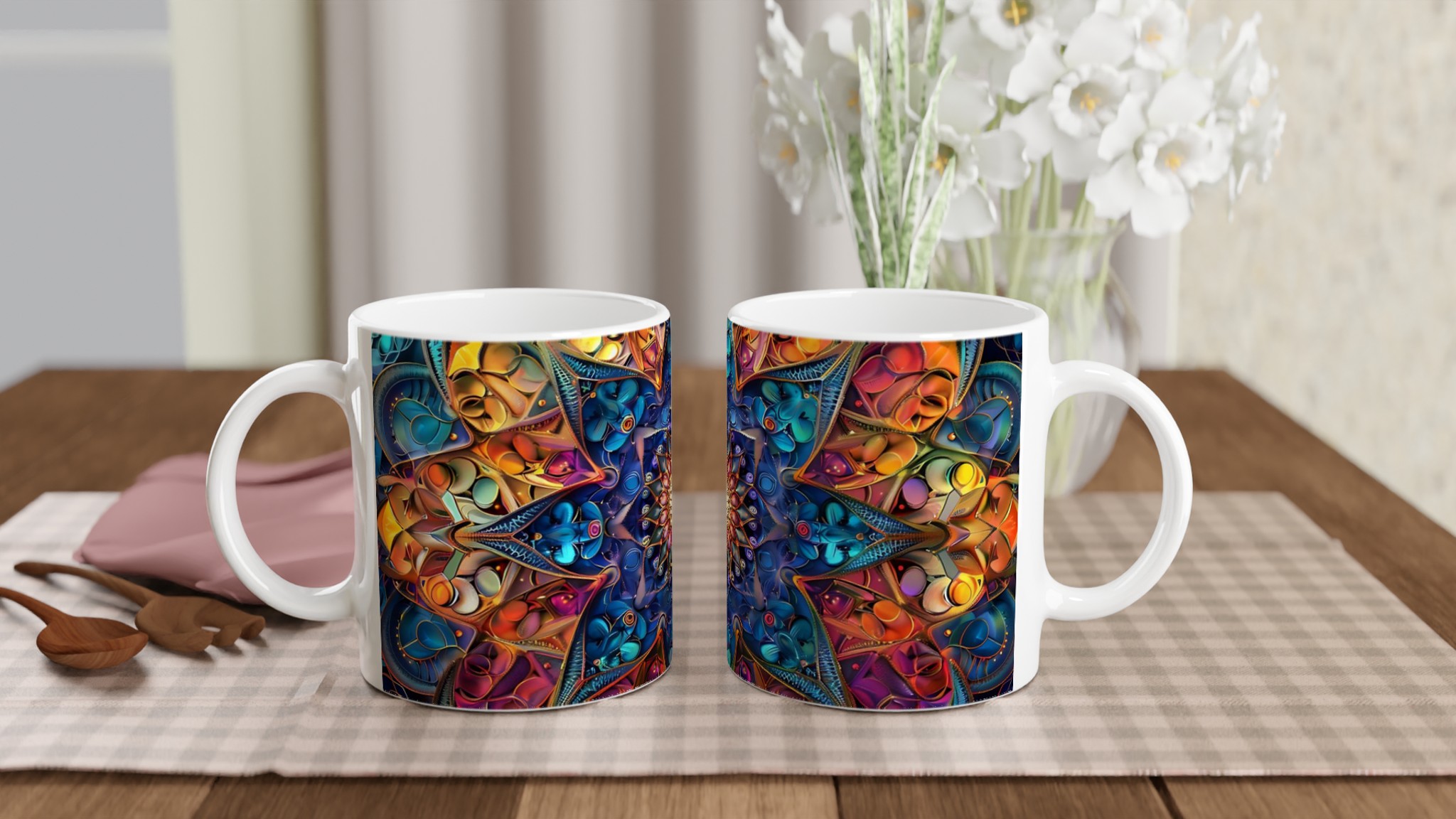 Kosmisk Mandala Keramikmugg - 11oz, Levande Mönster i Blått och Guld för En Färgstark Start på Dagen 10 456d9827-2366-47da-862f-9a77c1c4c32e