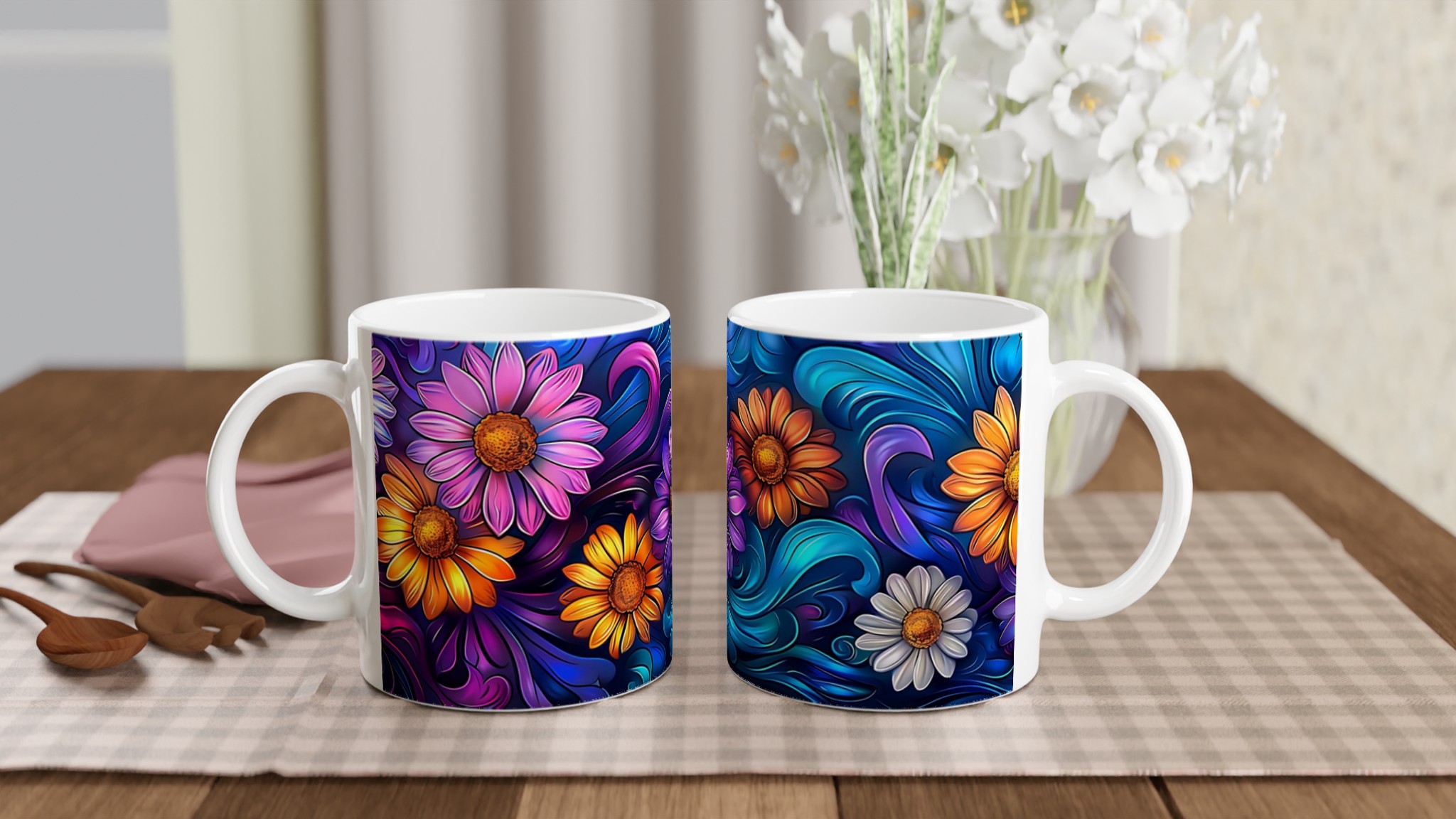 Färgexplosion Blommig Keramikmugg - 11oz Vit Kopp med Vibrerande Blommönster & Flytande Detaljer 10 474c1385-f9a2-45a5-9340-ca6cd40809bf
