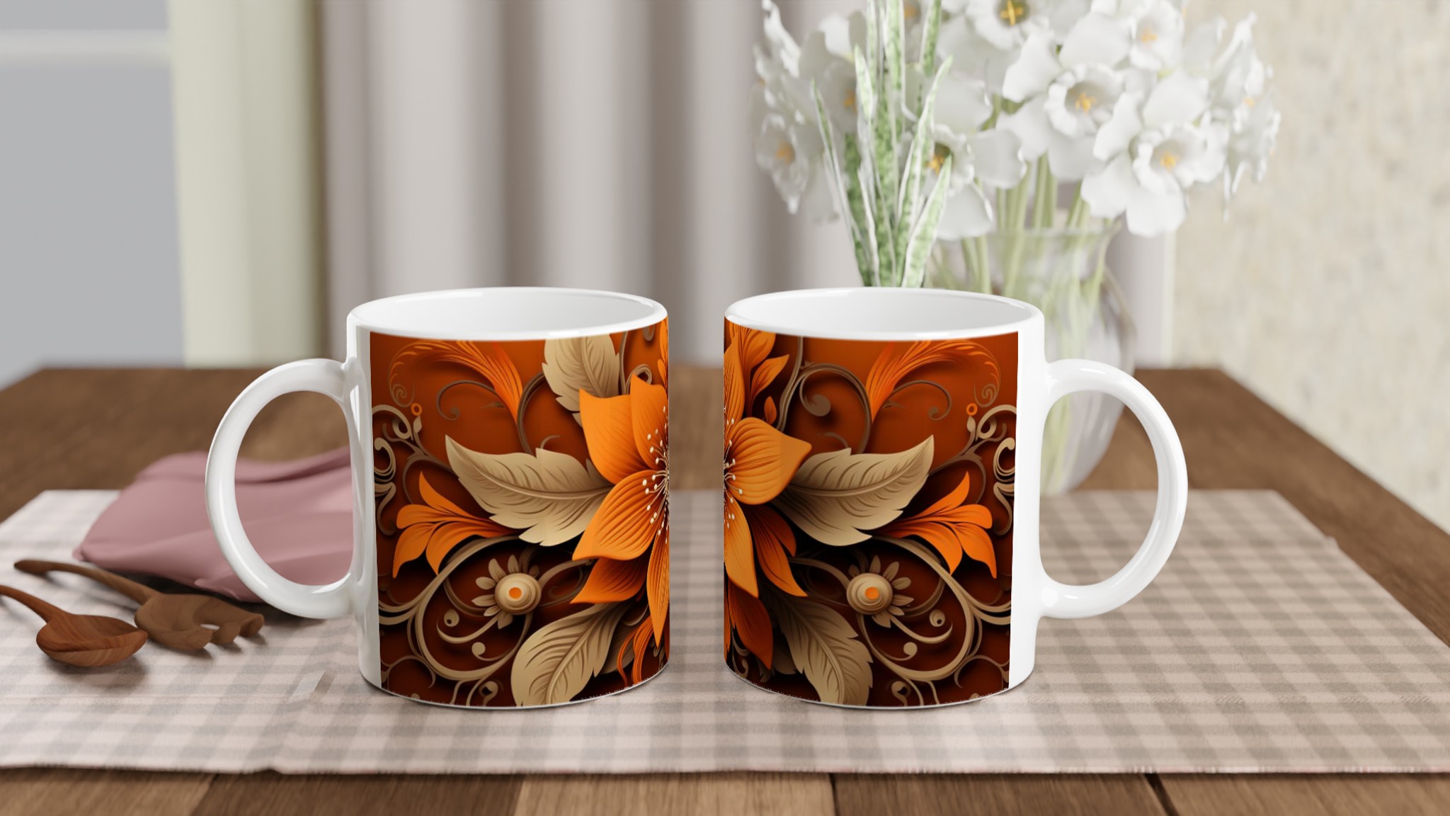 Vit 11oz keramisk mugg med sofistikerat blomstertryck i varm orange och beige 10 476dae0e-bab2-441b-a7f7-7e80bd49a73f