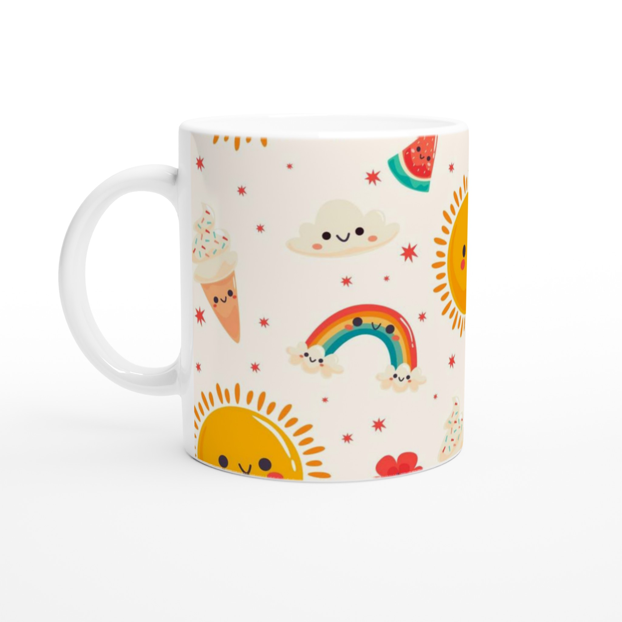 Glad Sommar Mugg – 11oz Keramikmugg med Kawaii Sol, Regnbågar och Glass – Välj bland 7 Livliga Färger! 1 48b9e8dd-51fa-4e80-9725-7b4c760e09ef