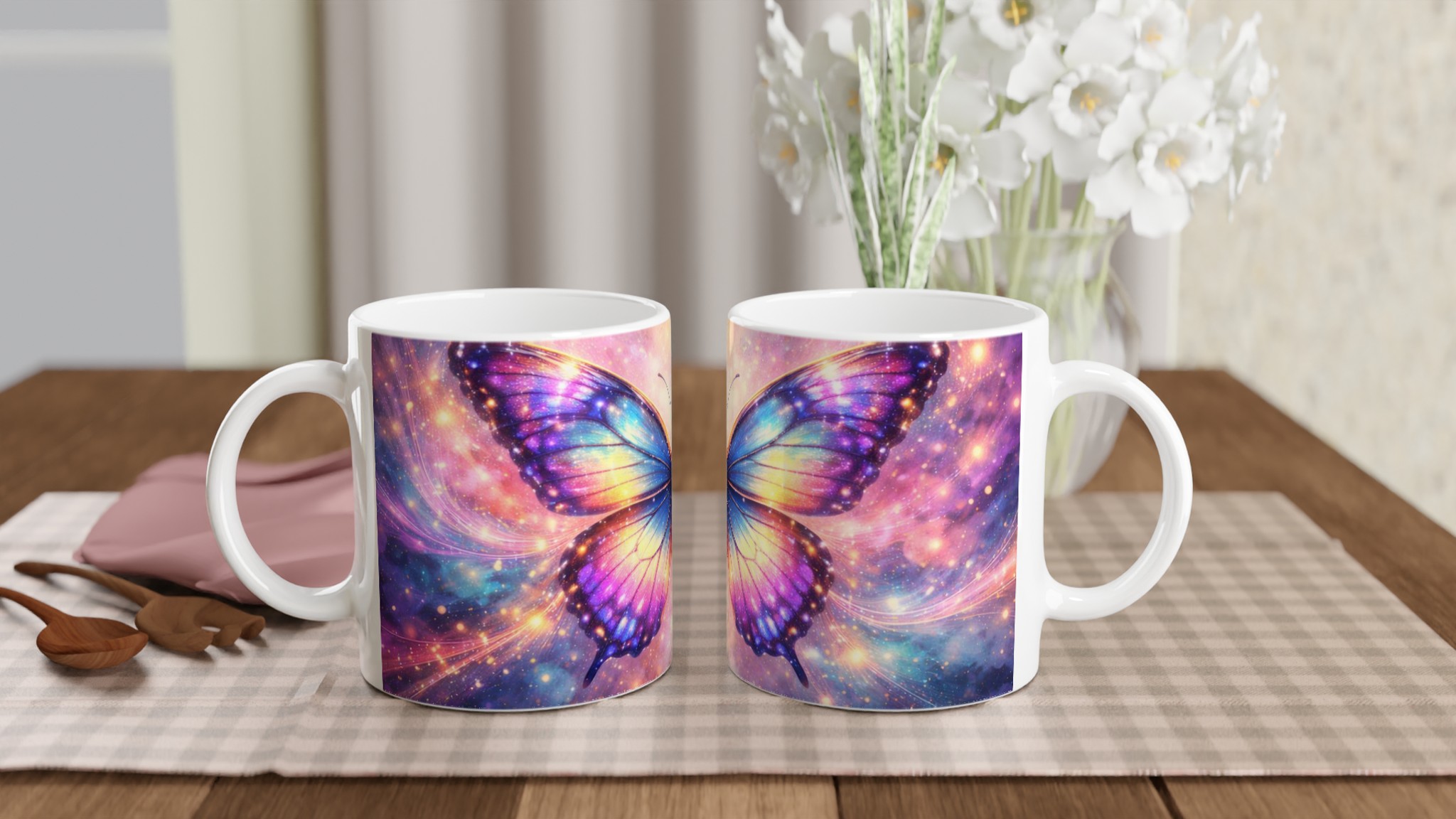 Vit 11oz keramikmugg med fantasyfjärilsglans i regnbågens färger – välj din favoritfärg 10 49dd896e-3359-46f5-a776-0eb2d2fa69f0