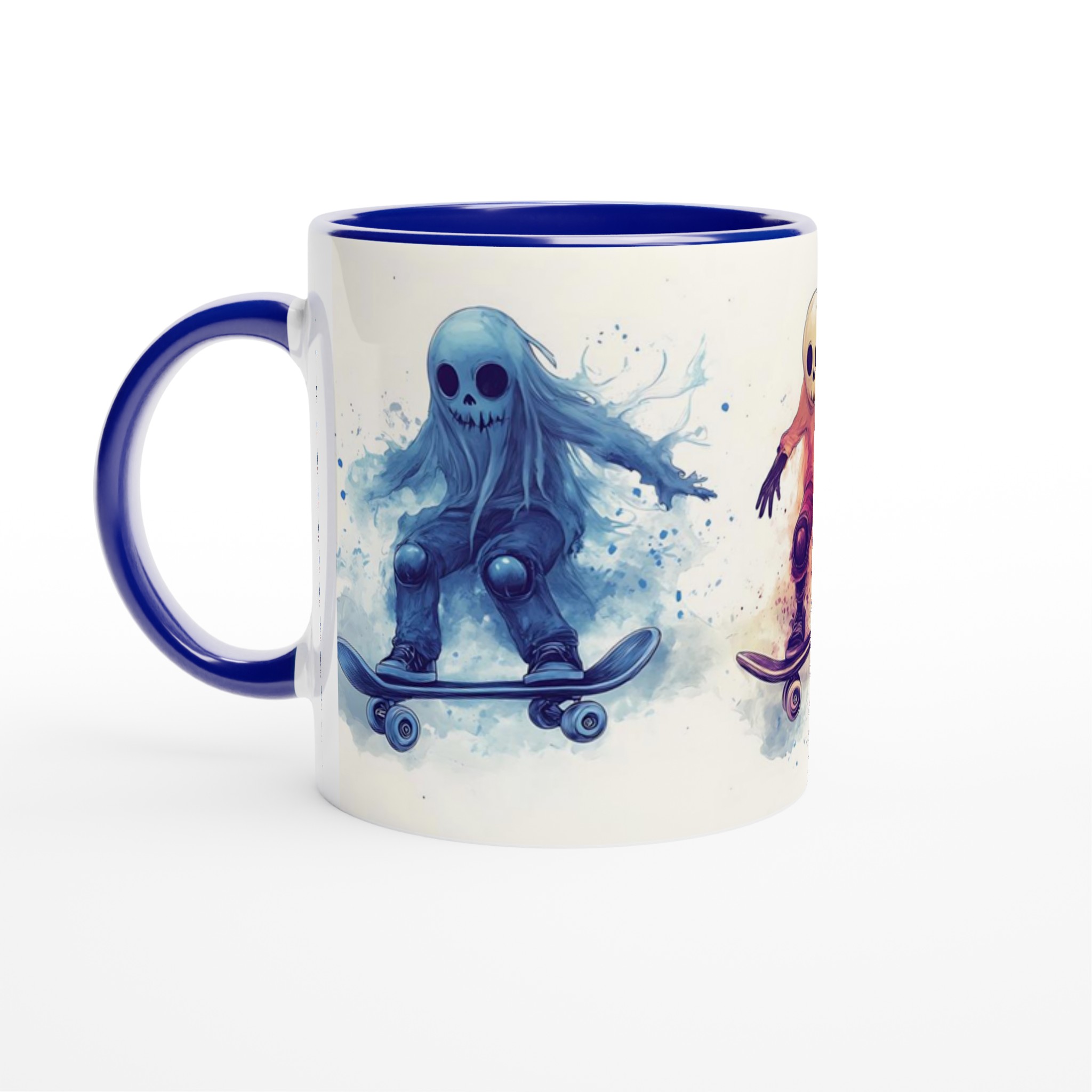 Skate Ghost Watercolor Mug - Spooky Skater Design in Vibrant Hues, 11oz Keramisk Mugg 2 4a644deb-8787-4bc6-b0e5-ad96485e110e