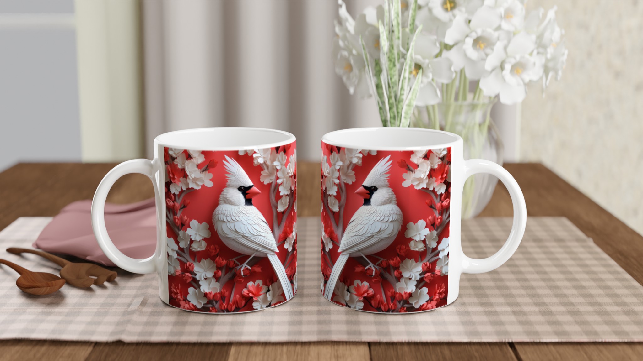 Vit 11oz keramisk mugg med elegant fågel- och blomstermotiv – välj bland sju levande färger 10 4a812851-b2cd-498e-9396-afe2a4595e85
