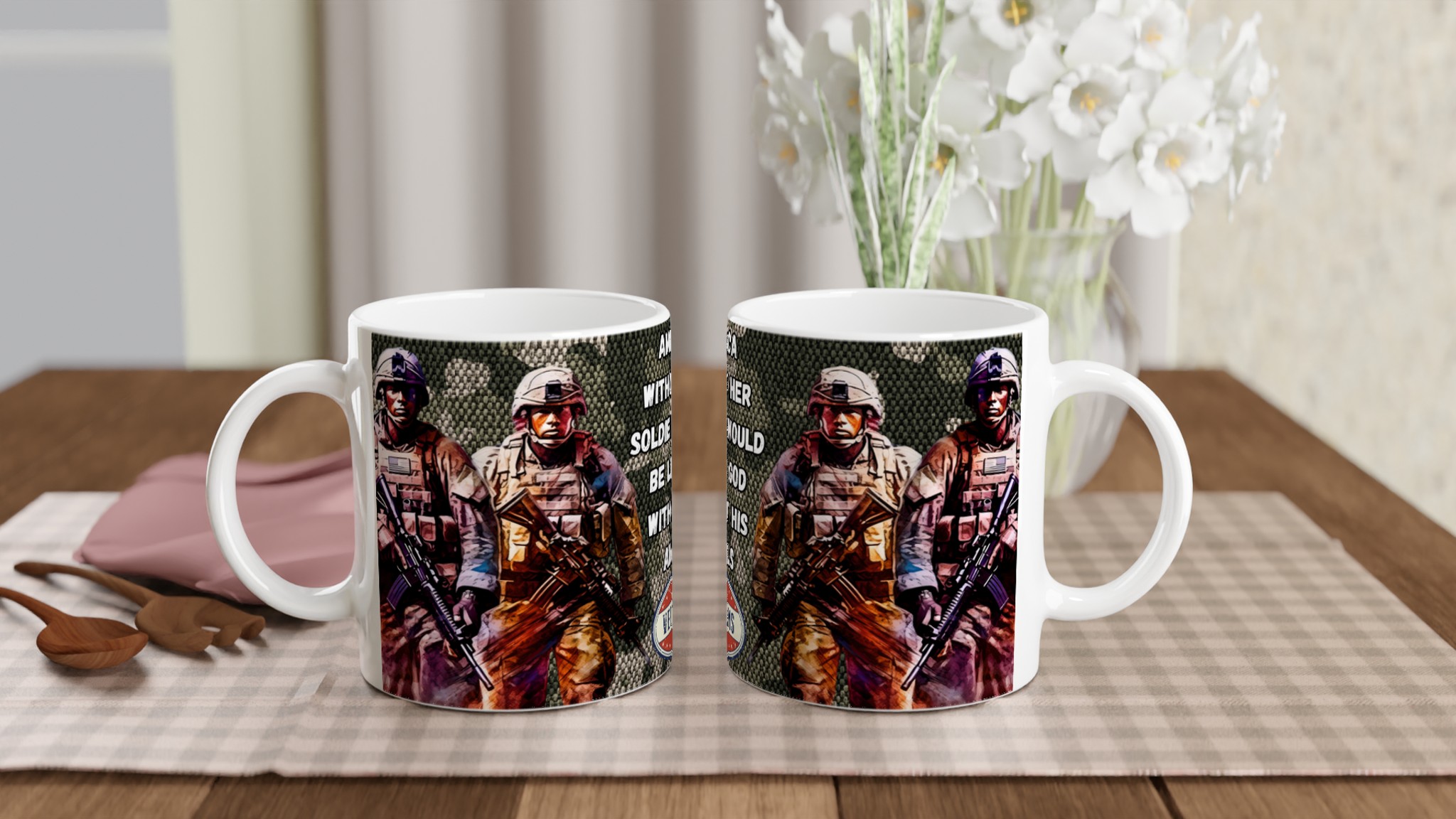 Vit 11oz keramisk mugg med patriotisk soldatmotiv – välj bland sju levande keramfärger 10 4a85ef37-8d0e-4263-a641-083b9aed1ca8