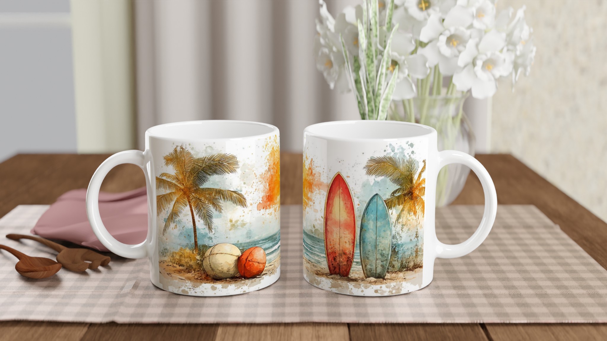 Tropisk Strand Mugg - 11oz Keramisk Kaffekopp med Surfmotiv & Palmträd i Akvarellstil, Välj bland Flera Färger 10 4aa9d648-5889-4aa7-a40d-b24936afcbba