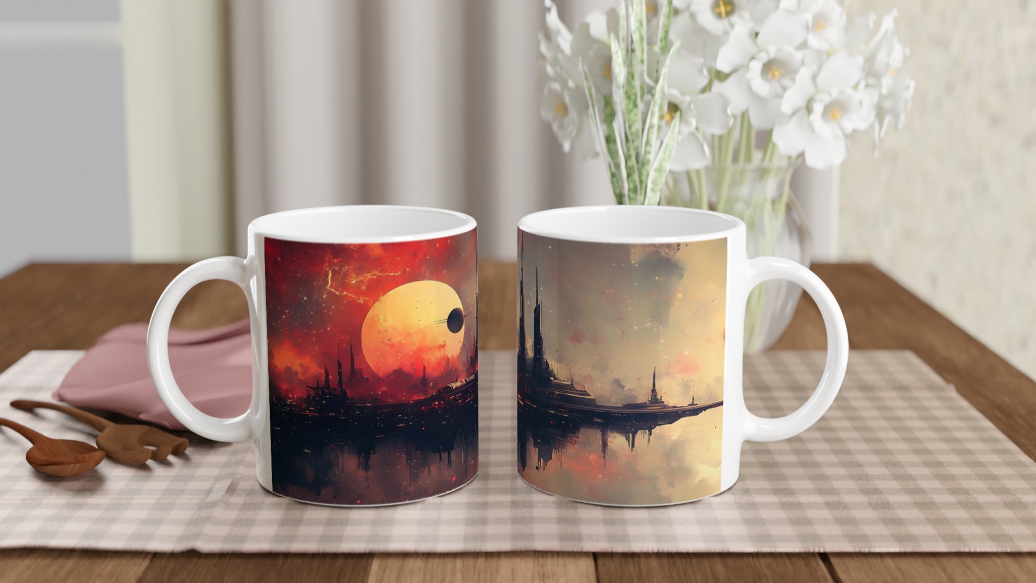 Futuristisk Stadsmugg: Sci-Fi Landskap & Eldig Himmel – 11oz Keramikmugg i Valfri Färg 10 4b2317c3-00b5-4609-85be-cc4a7b4a1166