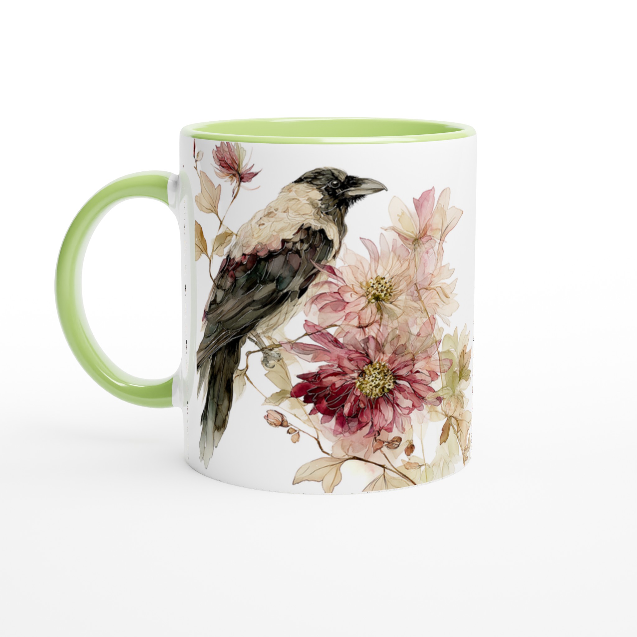Elegant Vit keramisk mugg med poetisk fågel- och blomdesign i mjuka pasteller 7 4c37e62a-8385-4d0c-b11d-a99942c10f61