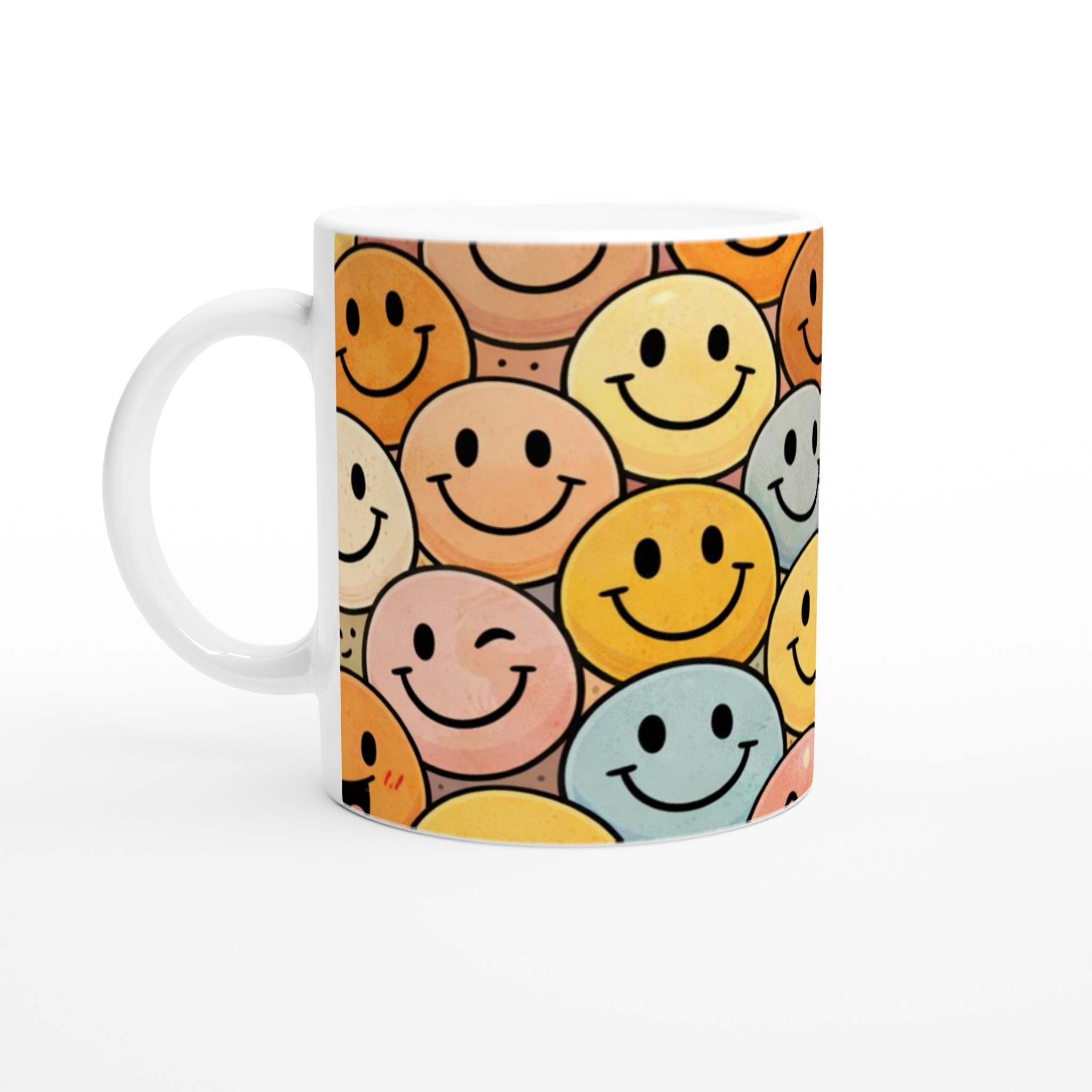 Vit 11oz keramisk mugg med lekfulla smileys i varma pastellfärger – välj din favoritfärg 1 4c5ed4ce-c0c8-4ed2-a44a-5c67bb4c5efd