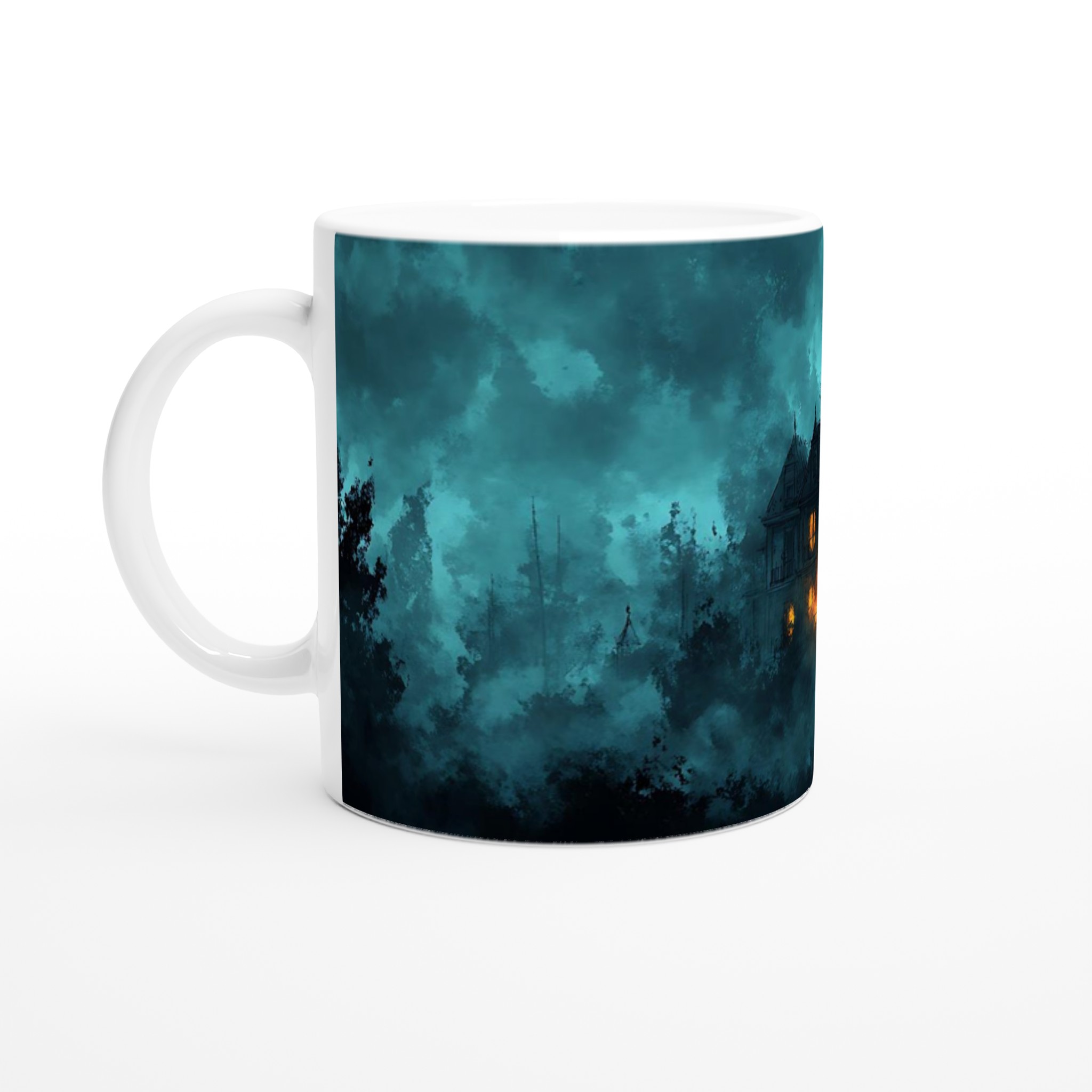 Mystisk Mörk Magi Mugg – Tealblå Spökhusdesign på 11oz Keramikmugg 1 4c9175f7-e457-4bb1-b20f-0141c9530182