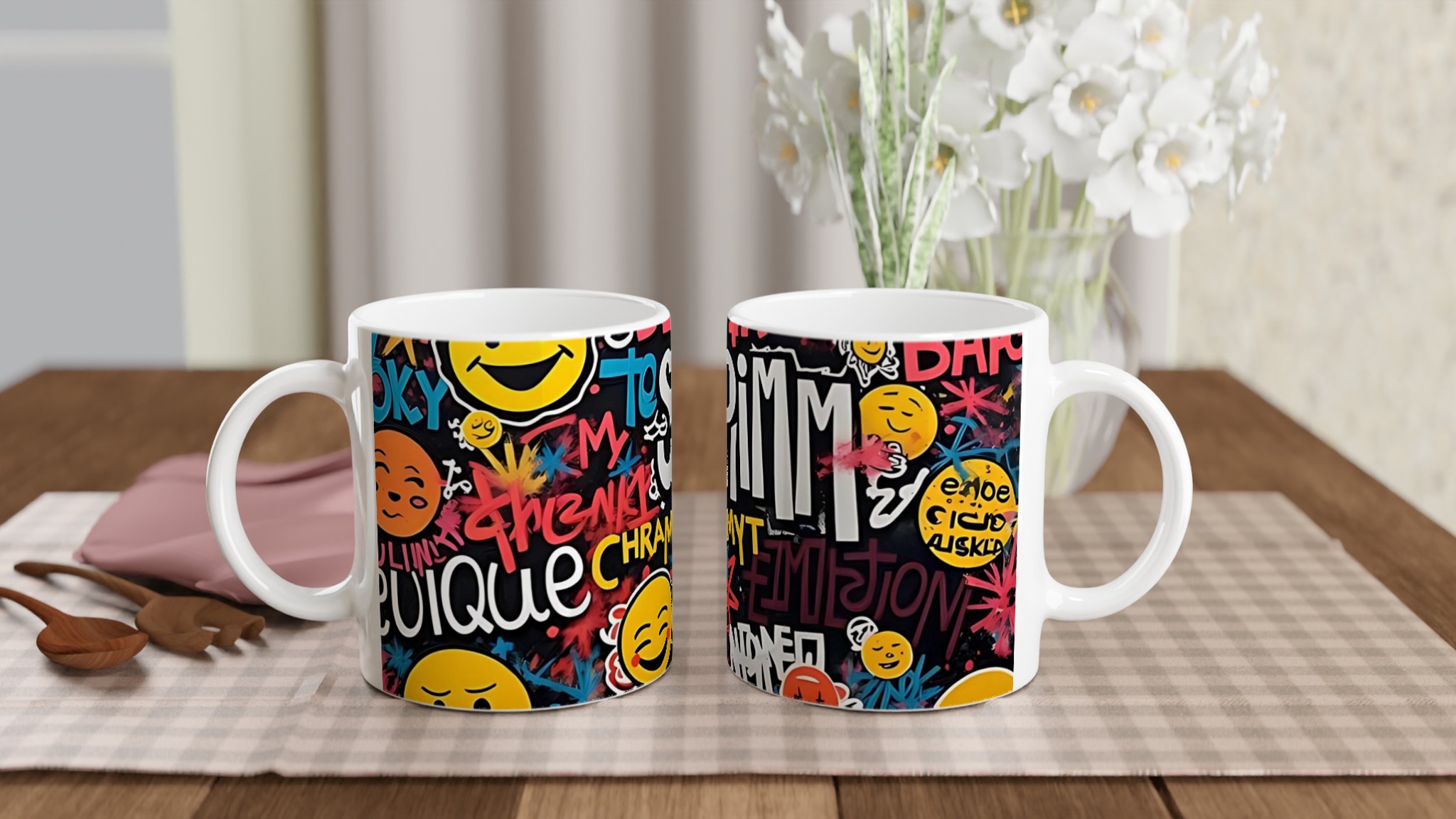 Vit 11oz keramisk mugg med färgstarkt graffiti- och smileymotiv – välj din favoritfärg! 10 4cb4cdc6-e6f7-4b9b-b56b-d5c1c9f2fbbc