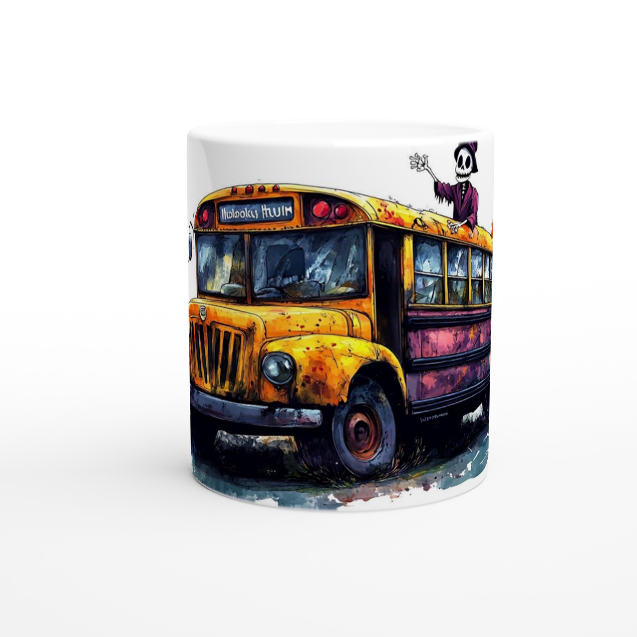 Mystisk Skolbuss Halloween Mugg – Skelett på Spökfärd i Akvarellstil, 11oz Keramikmugg 8 4dd68d4f-09ca-4de9-b262-9358217ba375