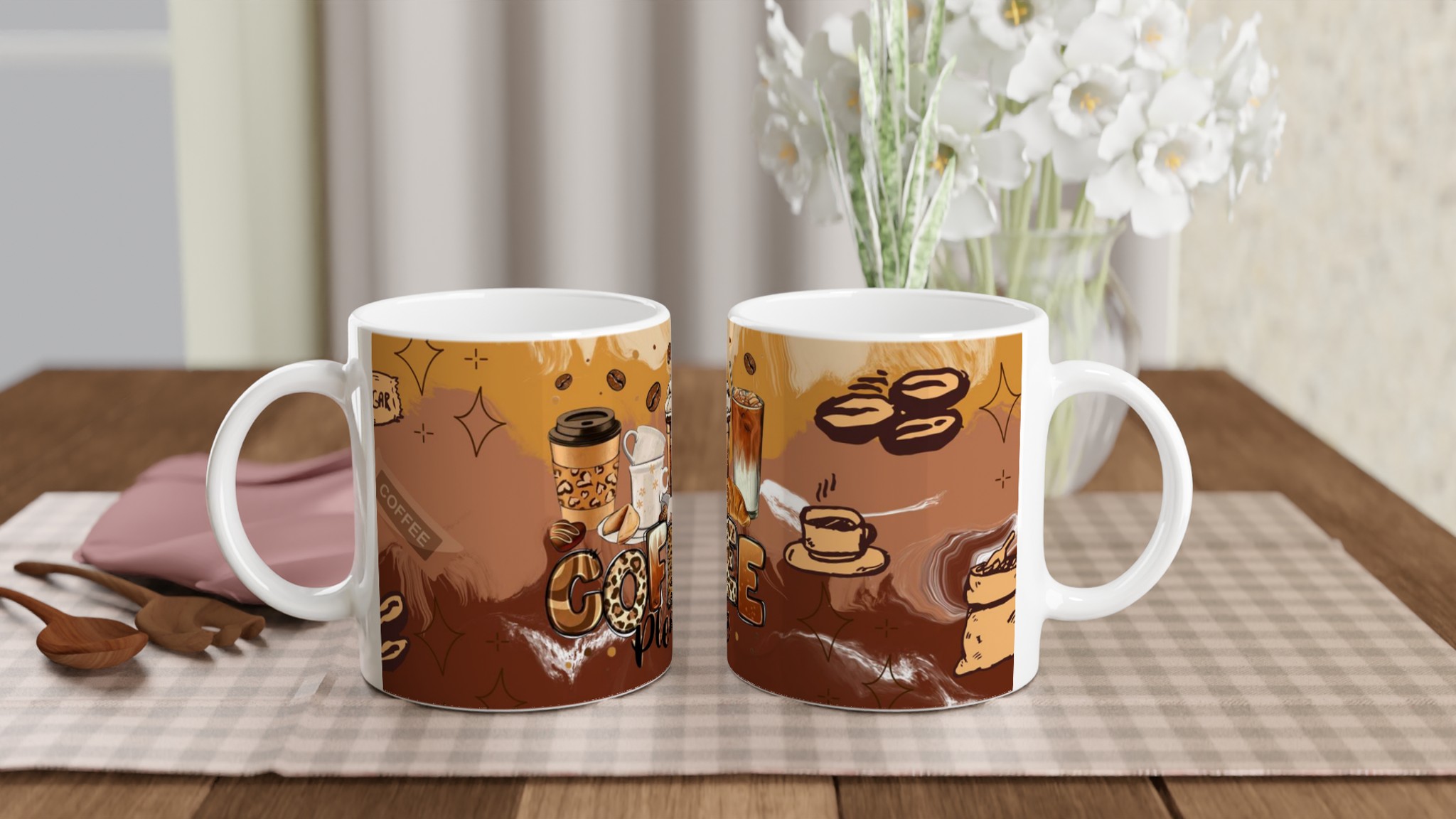 Vit 11oz keramisk mugg med kaffeglädje i varma jordnära toner 10 4e347d4f-a244-471e-8d7f-8db462a82203