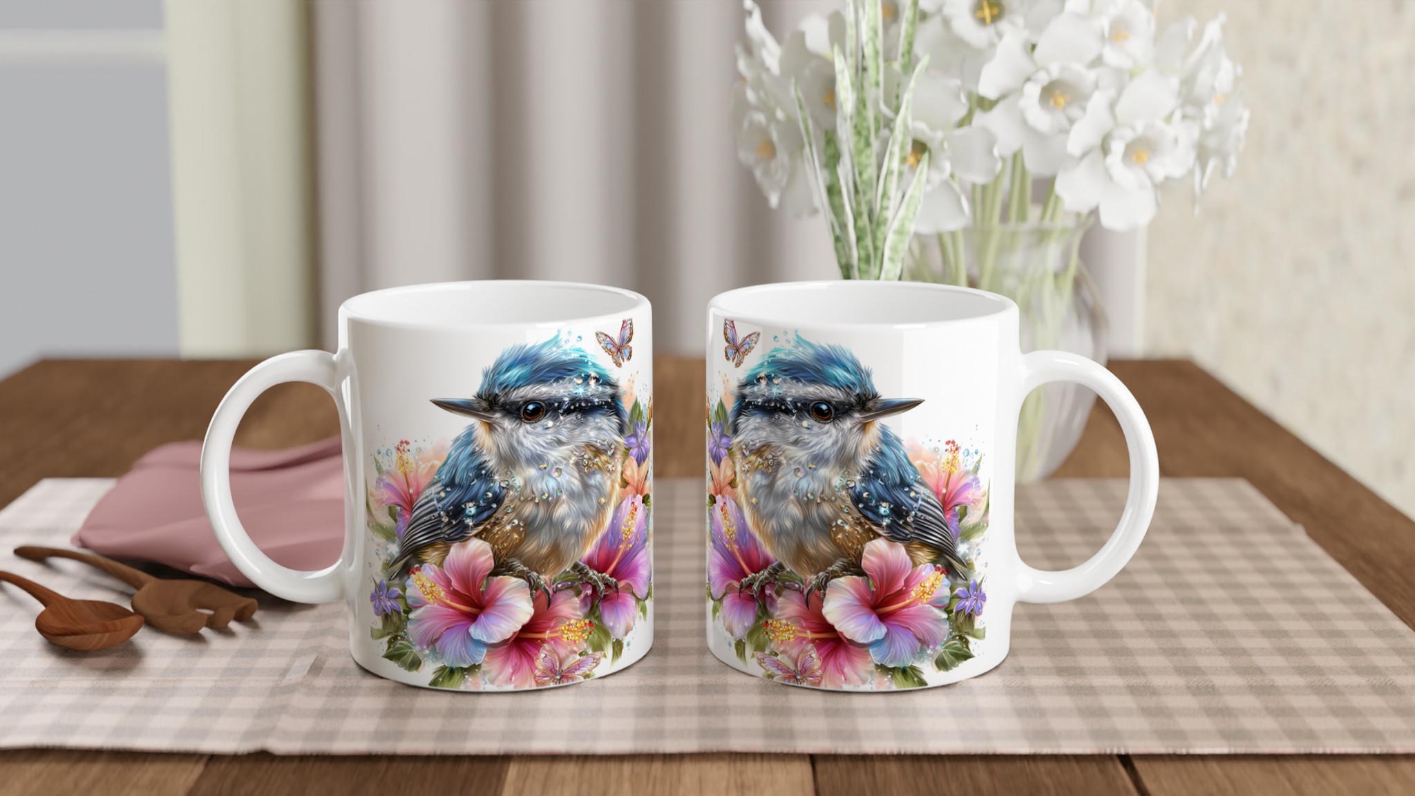 Vit 11oz keramisk mugg med magisk blåmes och blomsterkonst i ditt val av färg 10 4eb74d7f-e9d0-406e-bc92-6f2664abfe92