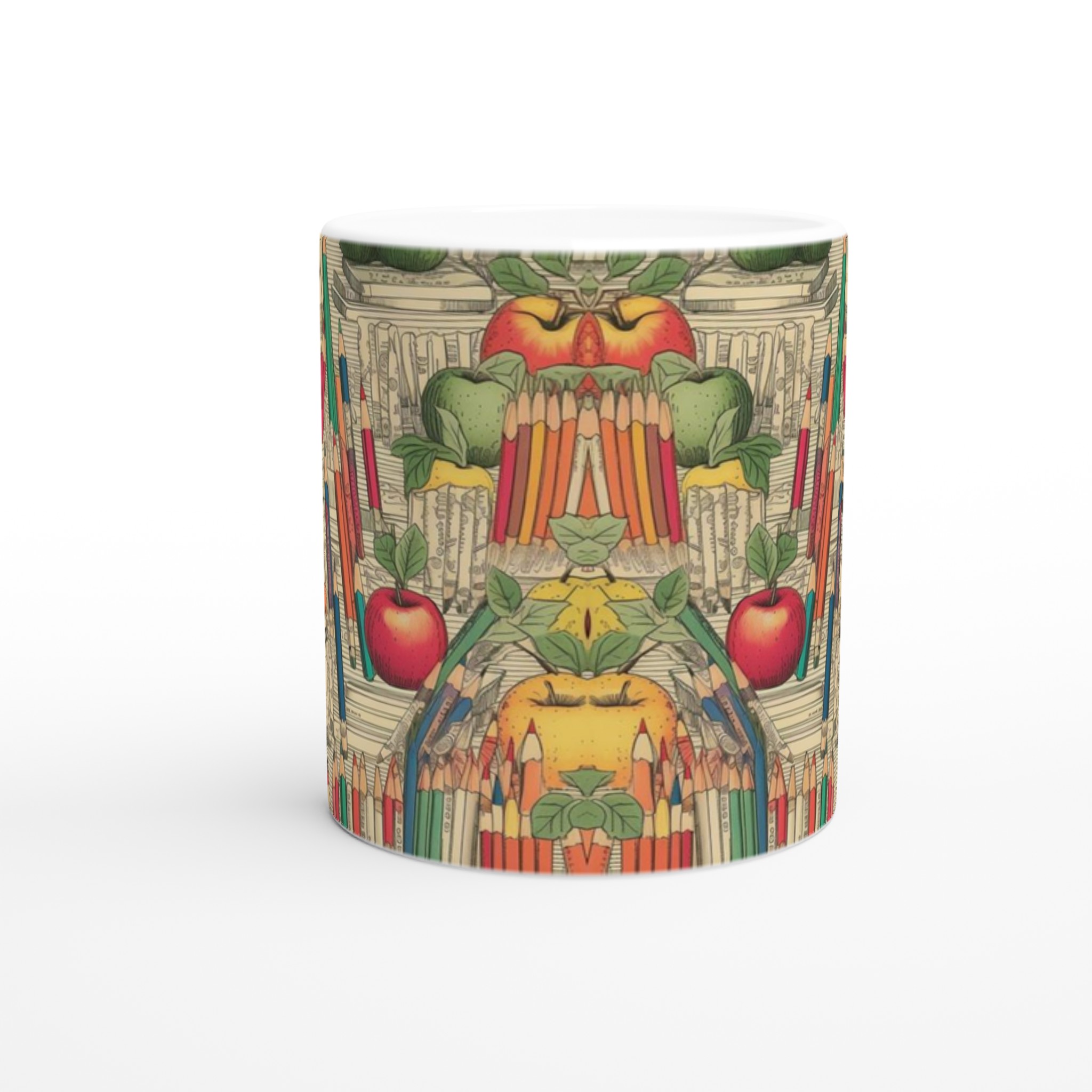 Vit 11oz keramisk mugg med färgglad bok- och äppelmönster i valfri keramikfärg 8 4f5222af-1f2a-41f8-9938-6ad07ecc887c