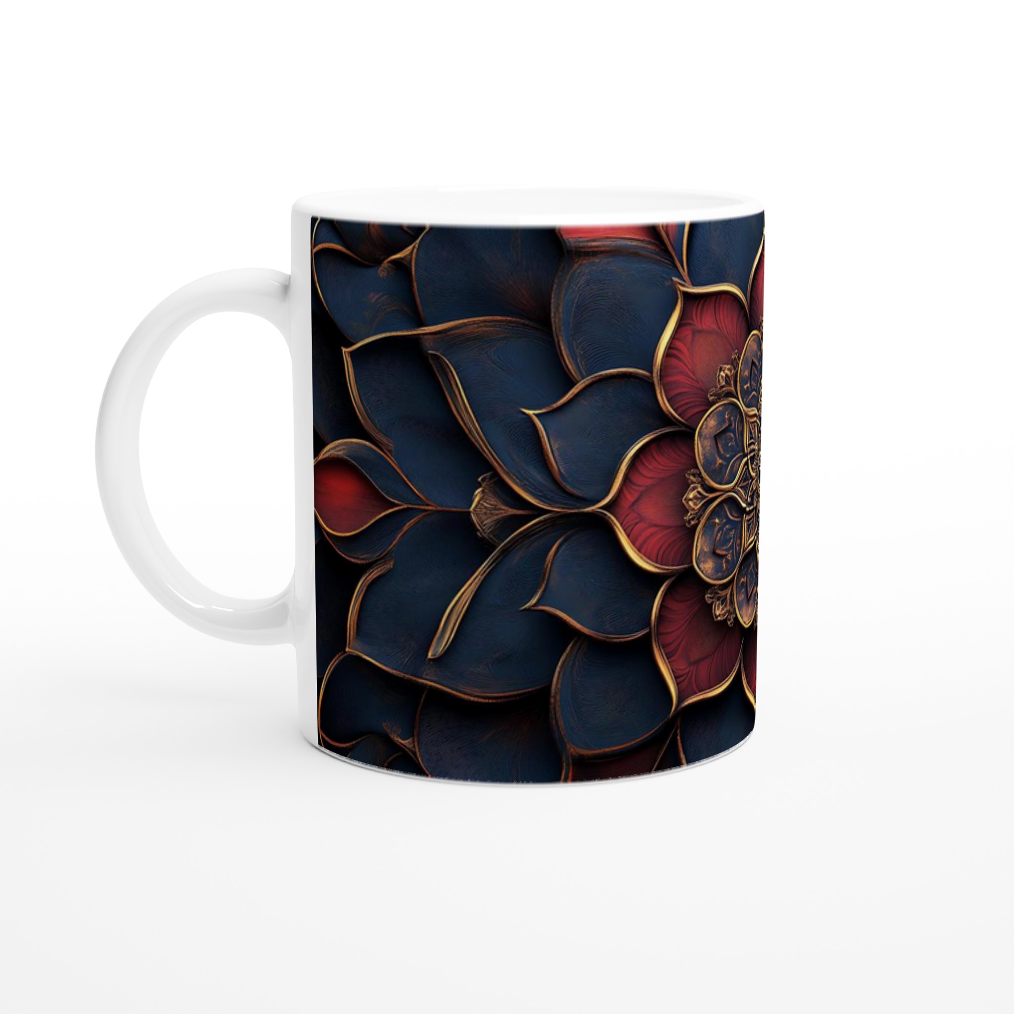 Mörk Lyxig Mandala Mugg – 11oz Keramikmugg med Intrikata Guld- och Röda Mönster 1 50262b9a-4e54-4b01-8451-b66b1e696b68
