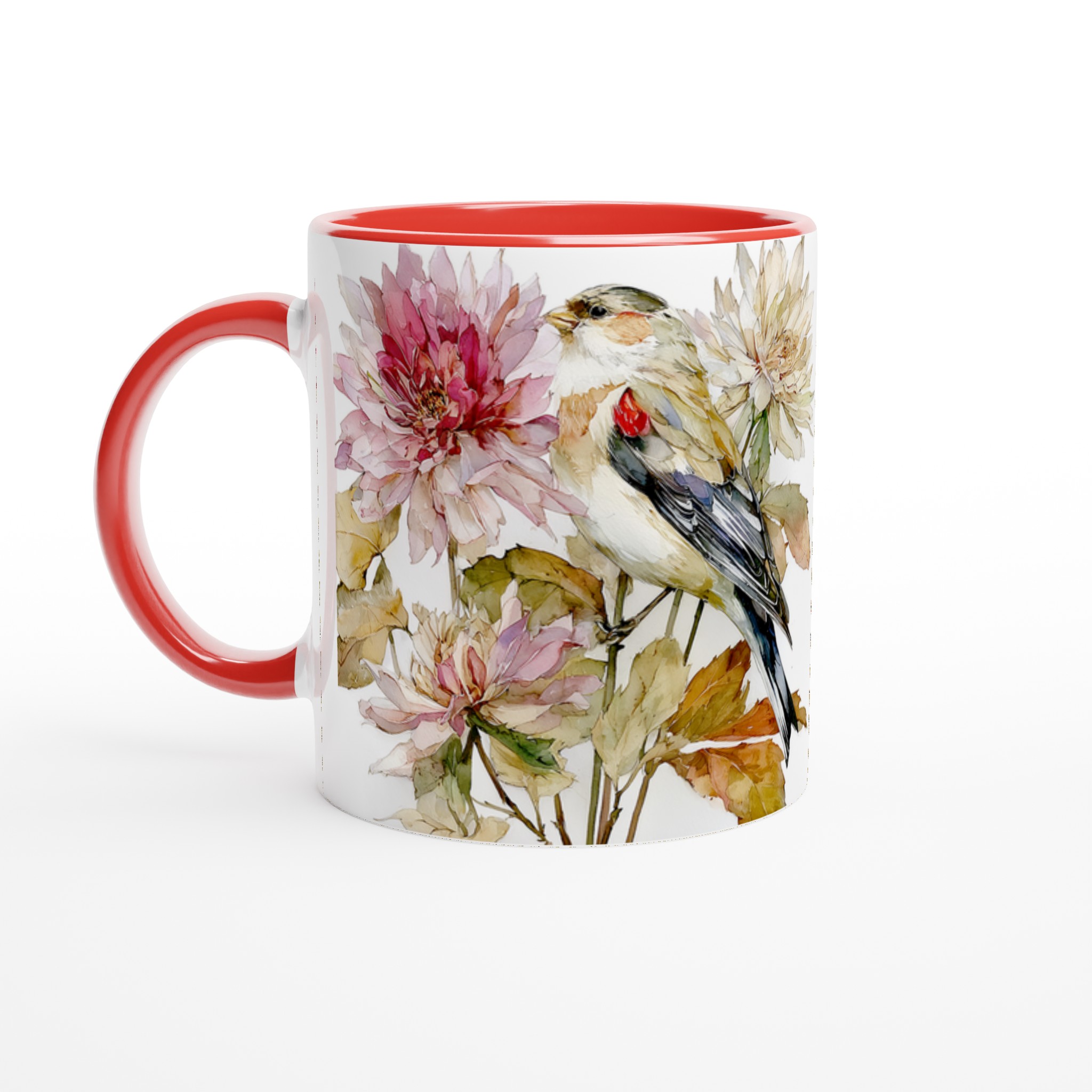 Vit 11oz keramisk mugg med elegant fågel och blomsterkonst i balanserade pastelltoner 5 50d8748b-1036-4246-af9c-5ee979690815