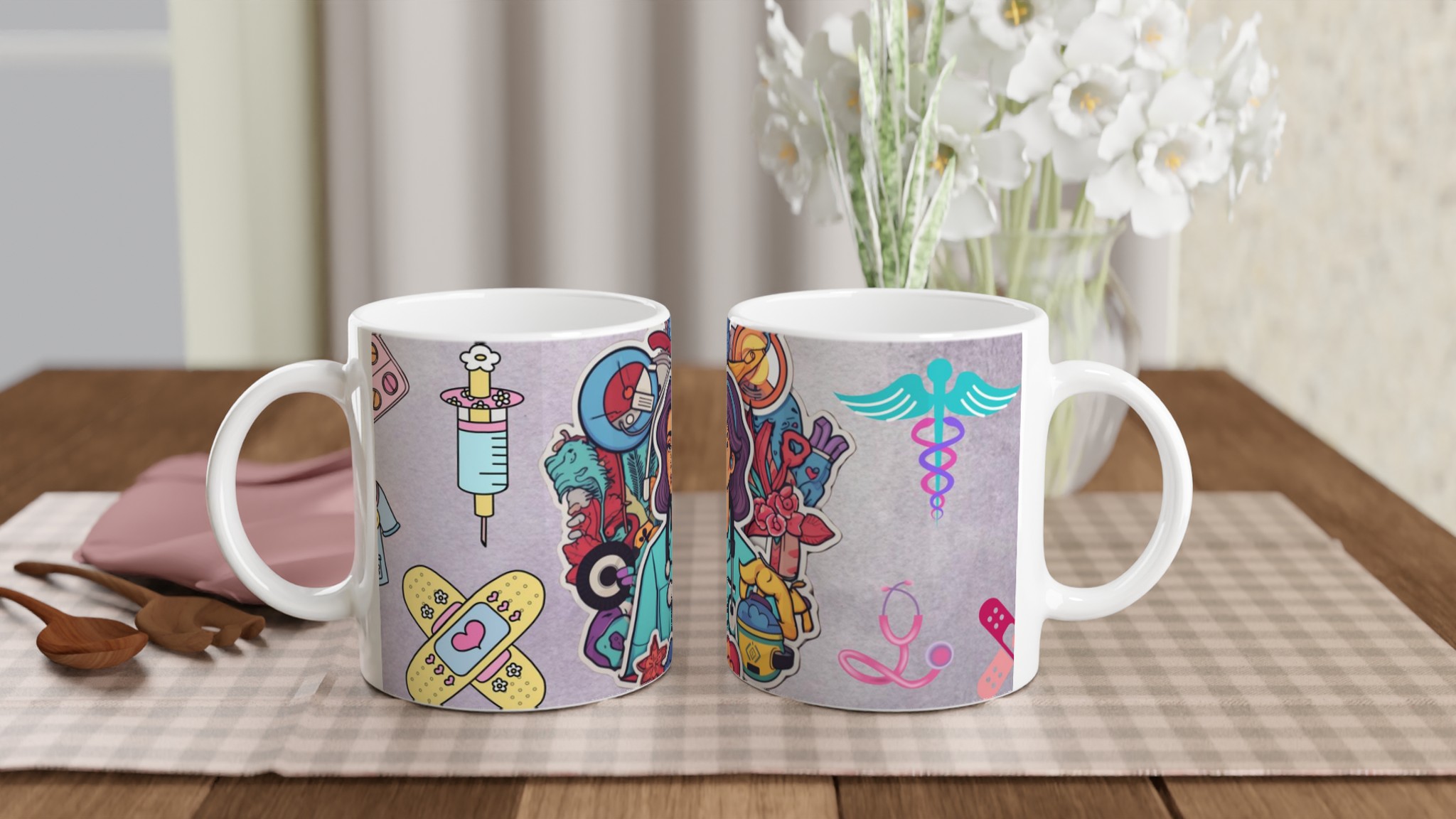 Vit 11oz keramisk mugg med färgstarkt hyllning till vårdhjältar – välj bland sju färgval 10 511cdebb-9912-4f02-ba25-862ac6c7e4d8