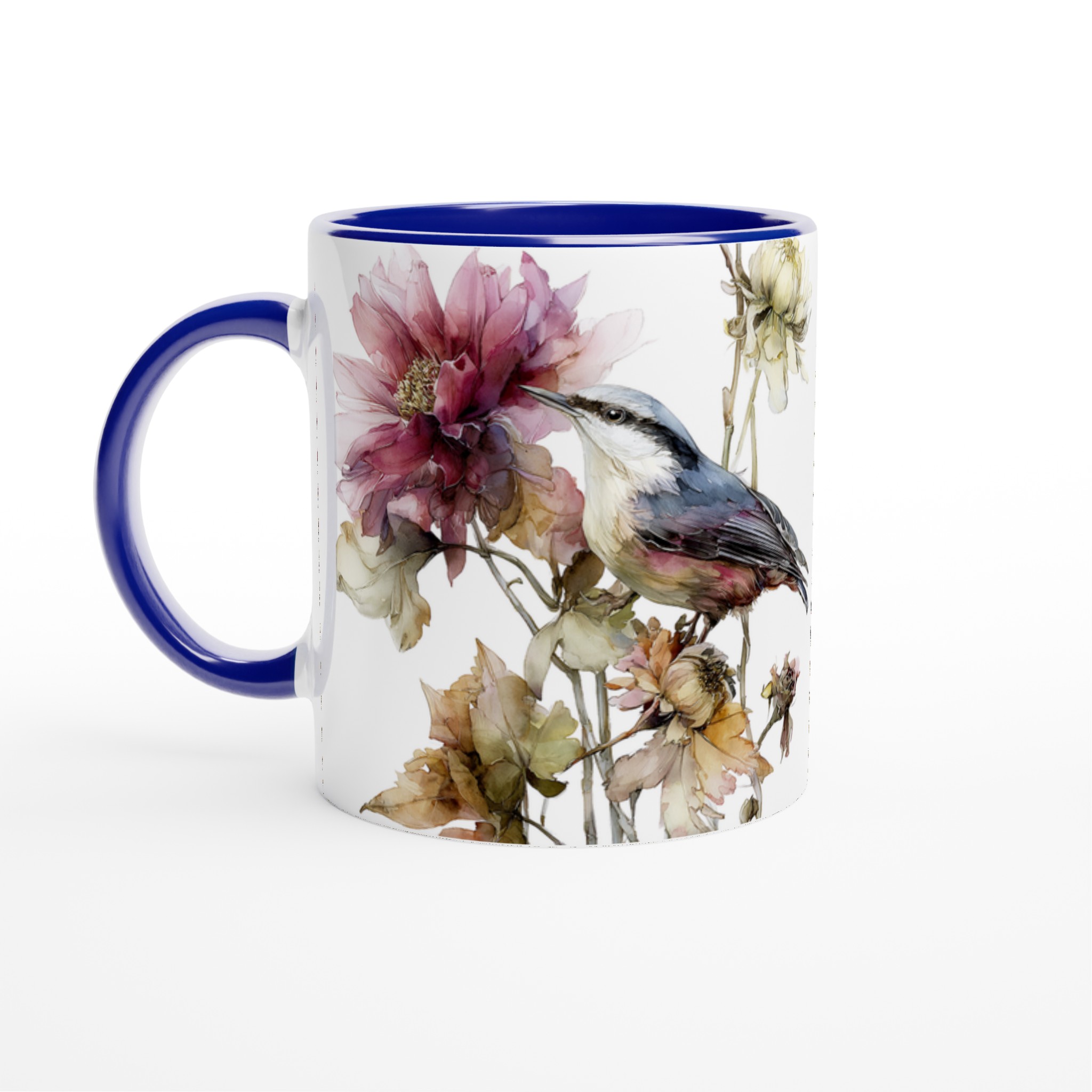 Vit 11oz keramikmugg med elegant fågel- och blomsterdesign – välj bland sju färgstarka nyanser 2 51425087-4dc5-4a69-956c-2125e001fb3f