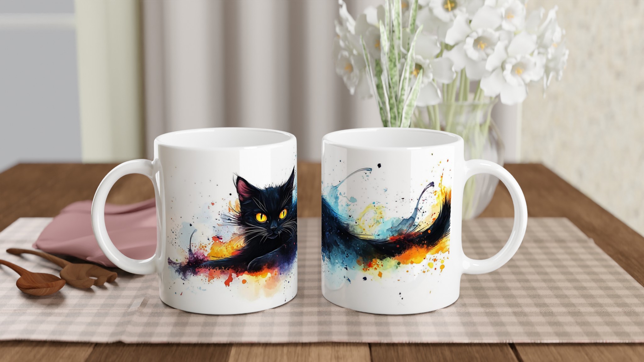Mystisk Svart Katt Keramikmugg - Akvarell Splash Design i ditt val av 7 färger 10 5235d21d-1f6e-44a5-9d8f-f9b178553de9