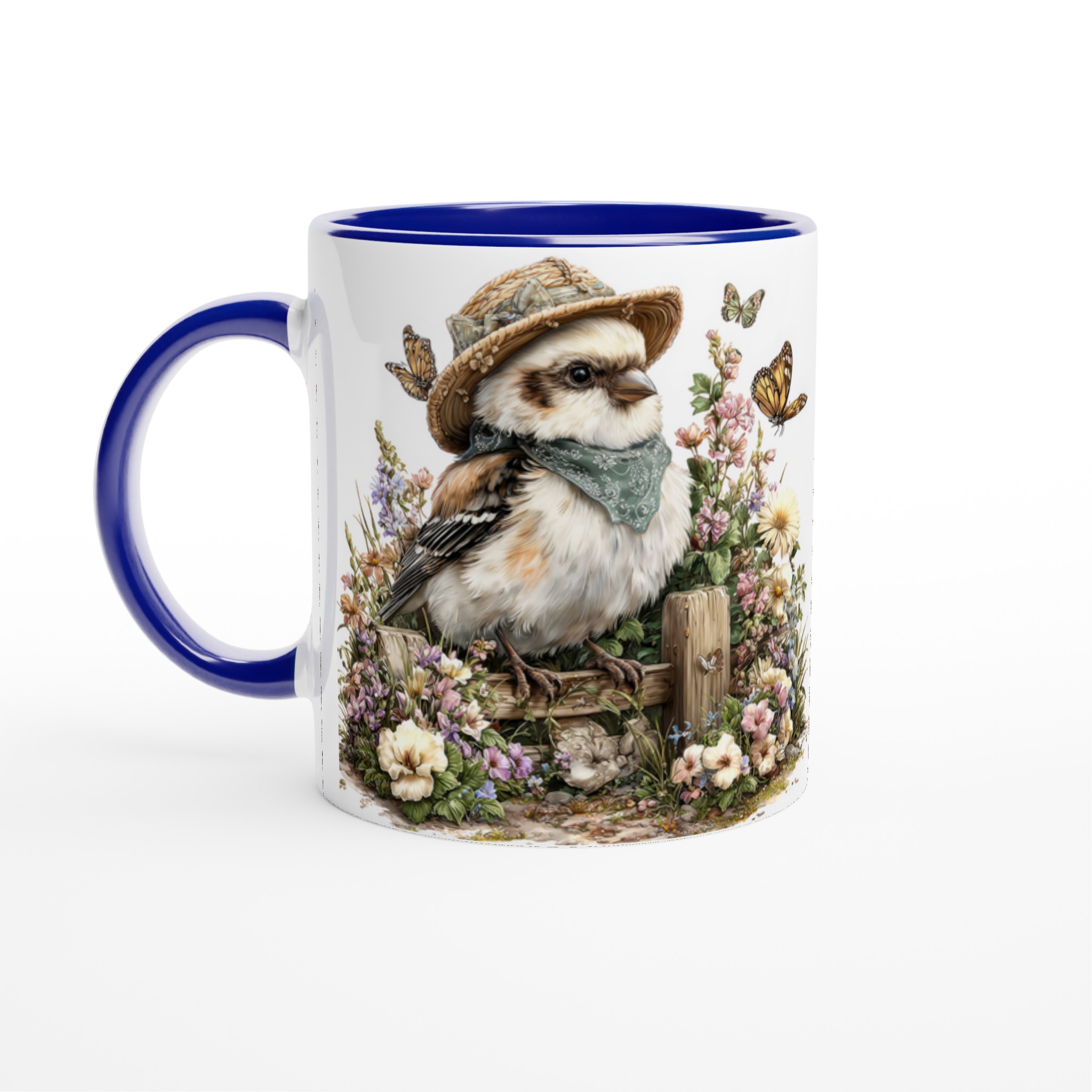 Vit 11oz keramisk mugg med charmig fågelhatt och blomsterdesign – välj din favoritfärg 2 52a7cda9-ee8c-460b-8805-50caf91beb01
