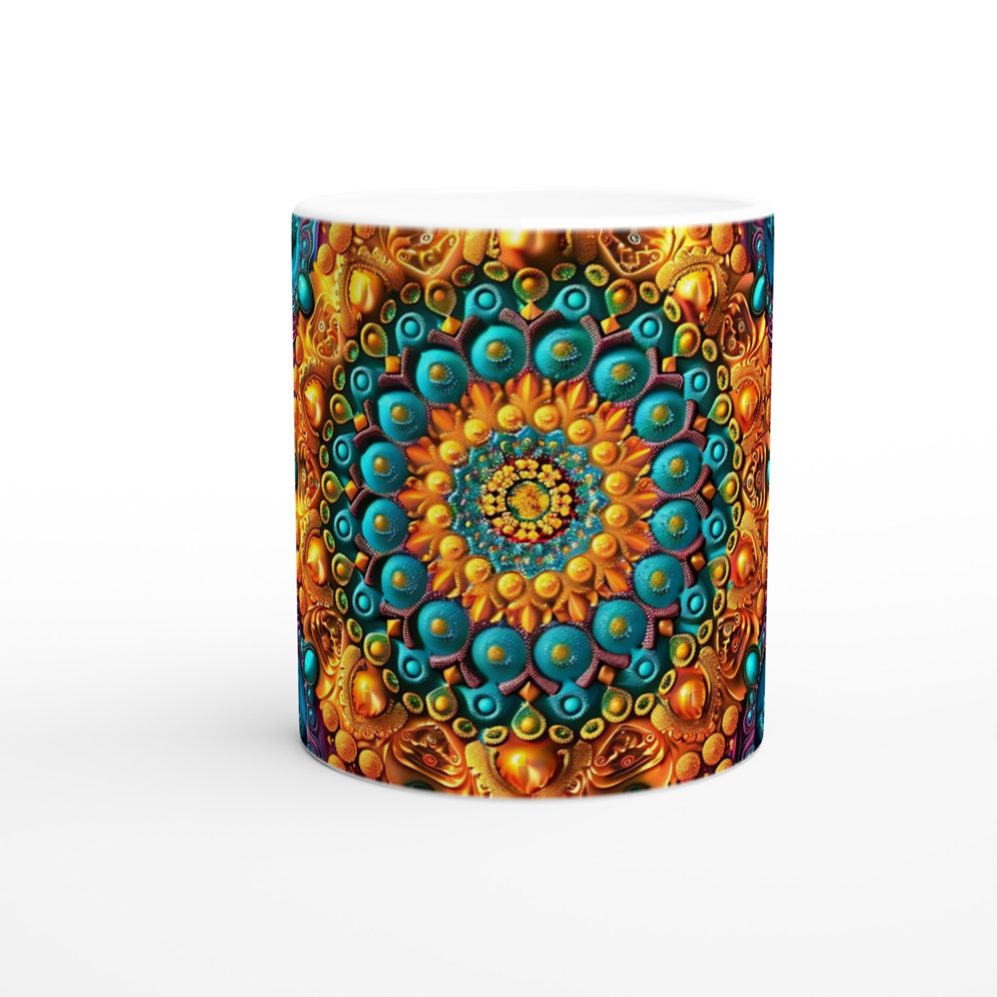 Mångfärgad Hypnotisk Mandala 11oz Keramisk Mugg – Geometrisk Konst i Strålande Guld & Turkos 8 52d4cd19-e026-4db8-9b35-2b59ec3ea3ae
