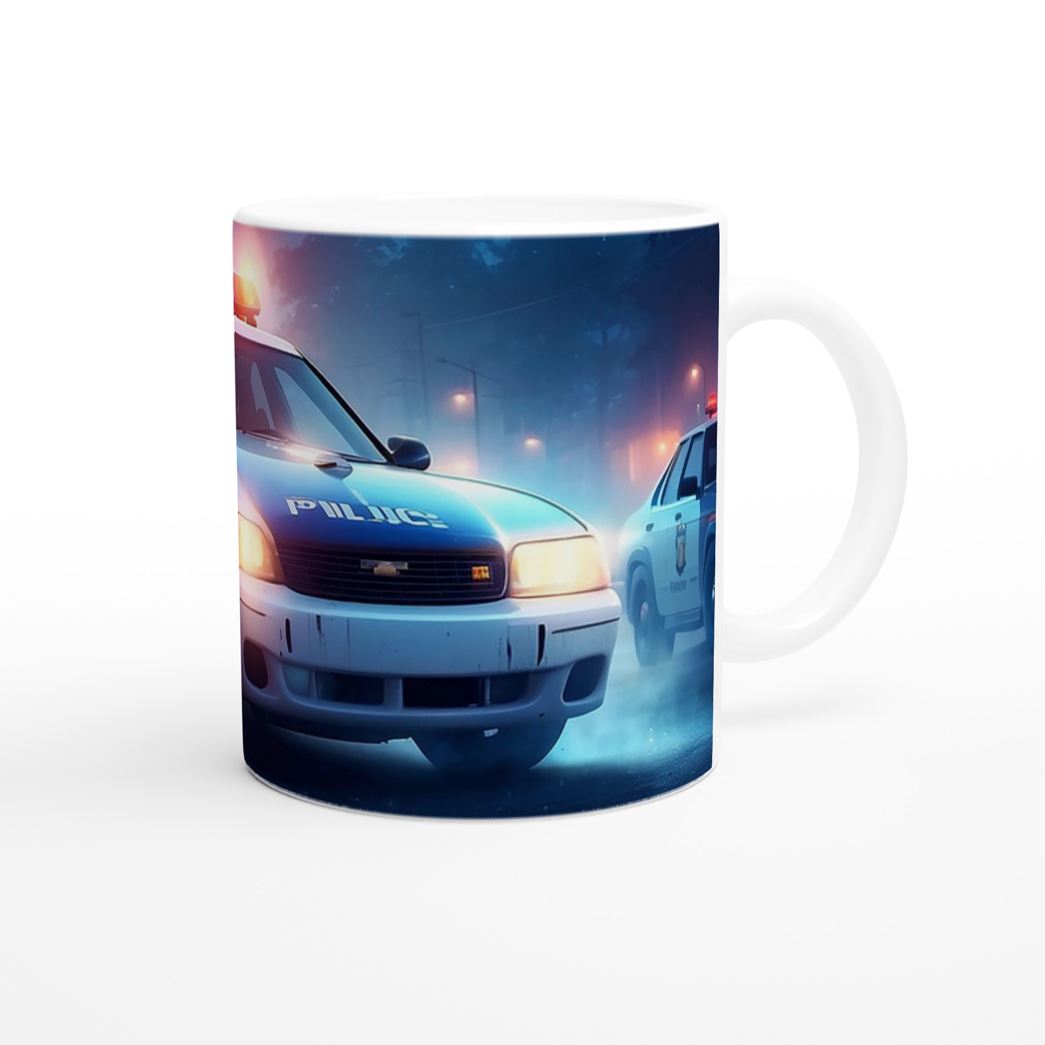 Vit 11oz keramisk mugg med dramatisk polisbil-design i sju färgstarka keramiska nyanser 9 533facbe-d8df-4a4d-962d-48ecbbebeeed