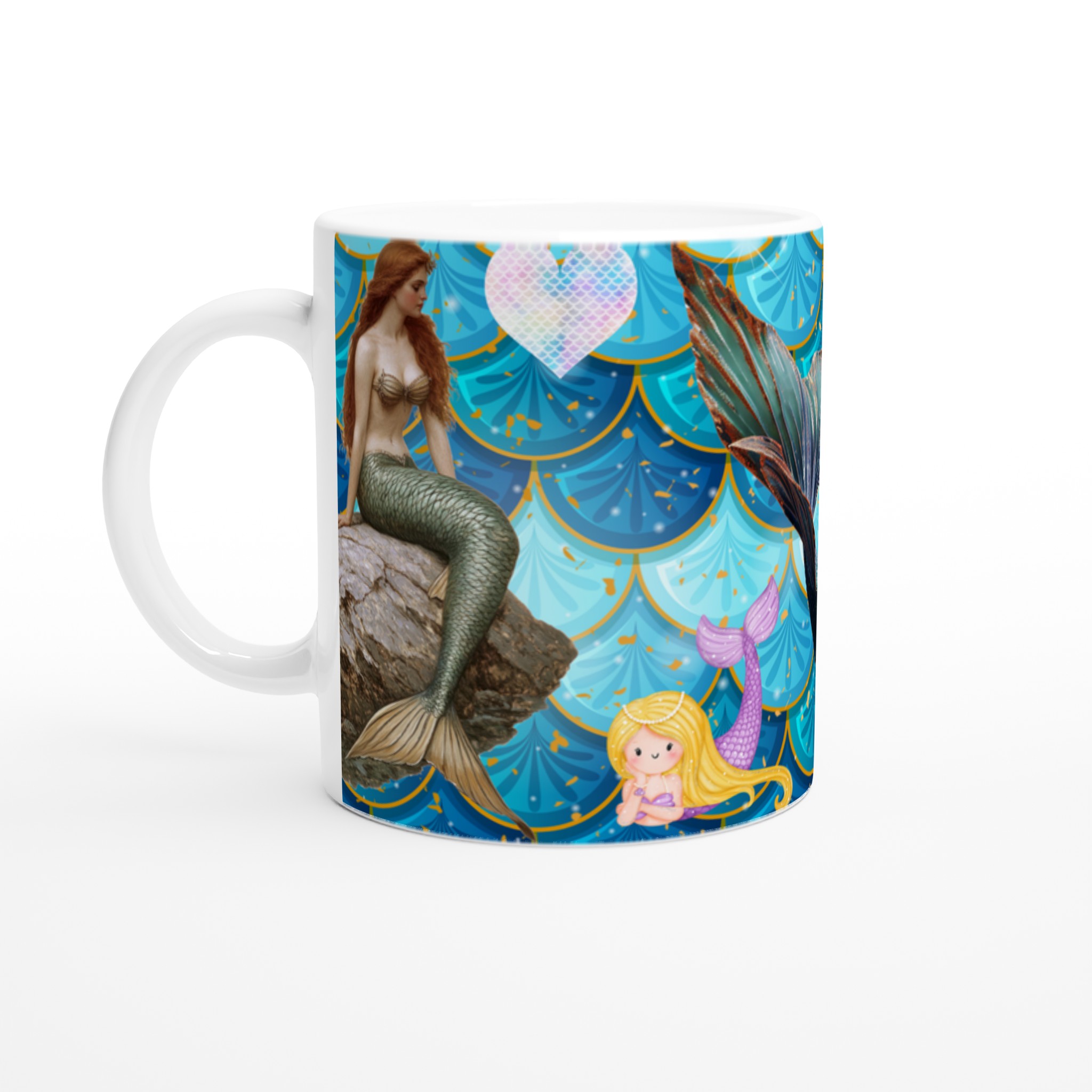 Vit 11oz keramisk mugg med magiska sjöjungfruillustrationer i flera livfulla färger 1 53dba77a-254f-4b05-b1dd-fb28698e52ba