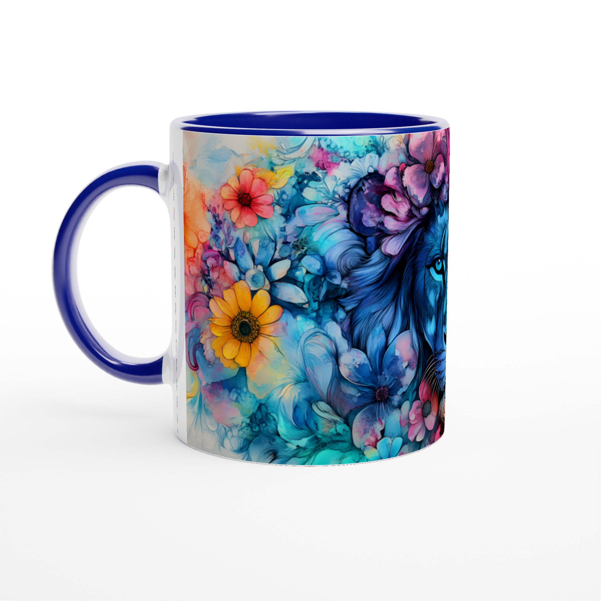 Vit 11oz keramisk mugg med levande lejon och blomsterdesign i flera färger 2 5427c155-d190-4fc4-b2b6-b4de6108f169
