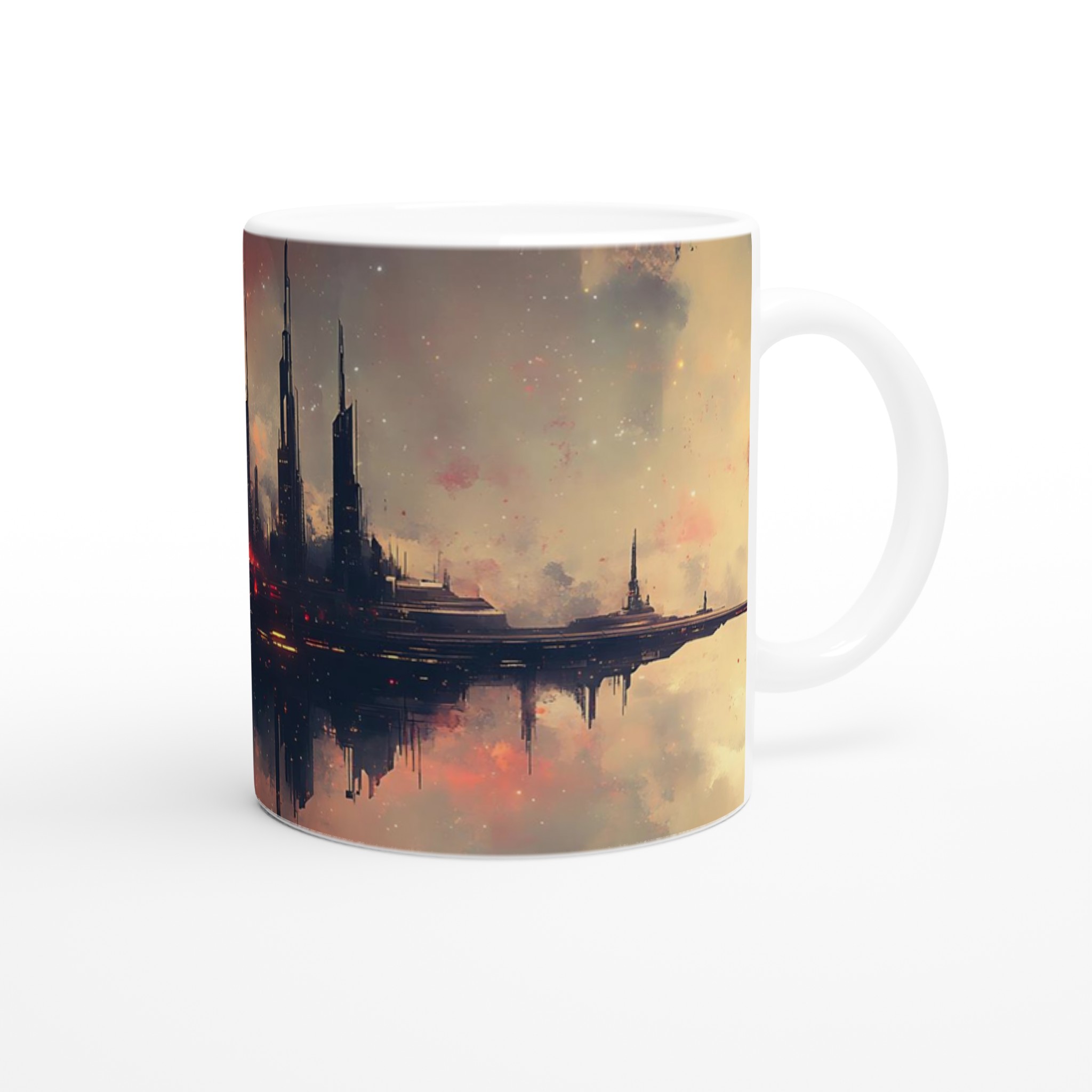 Futuristisk Stadsmugg: Sci-Fi Landskap & Eldig Himmel – 11oz Keramikmugg i Valfri Färg 9 544960cc-277c-42e7-89b6-c7a3ac6cd570