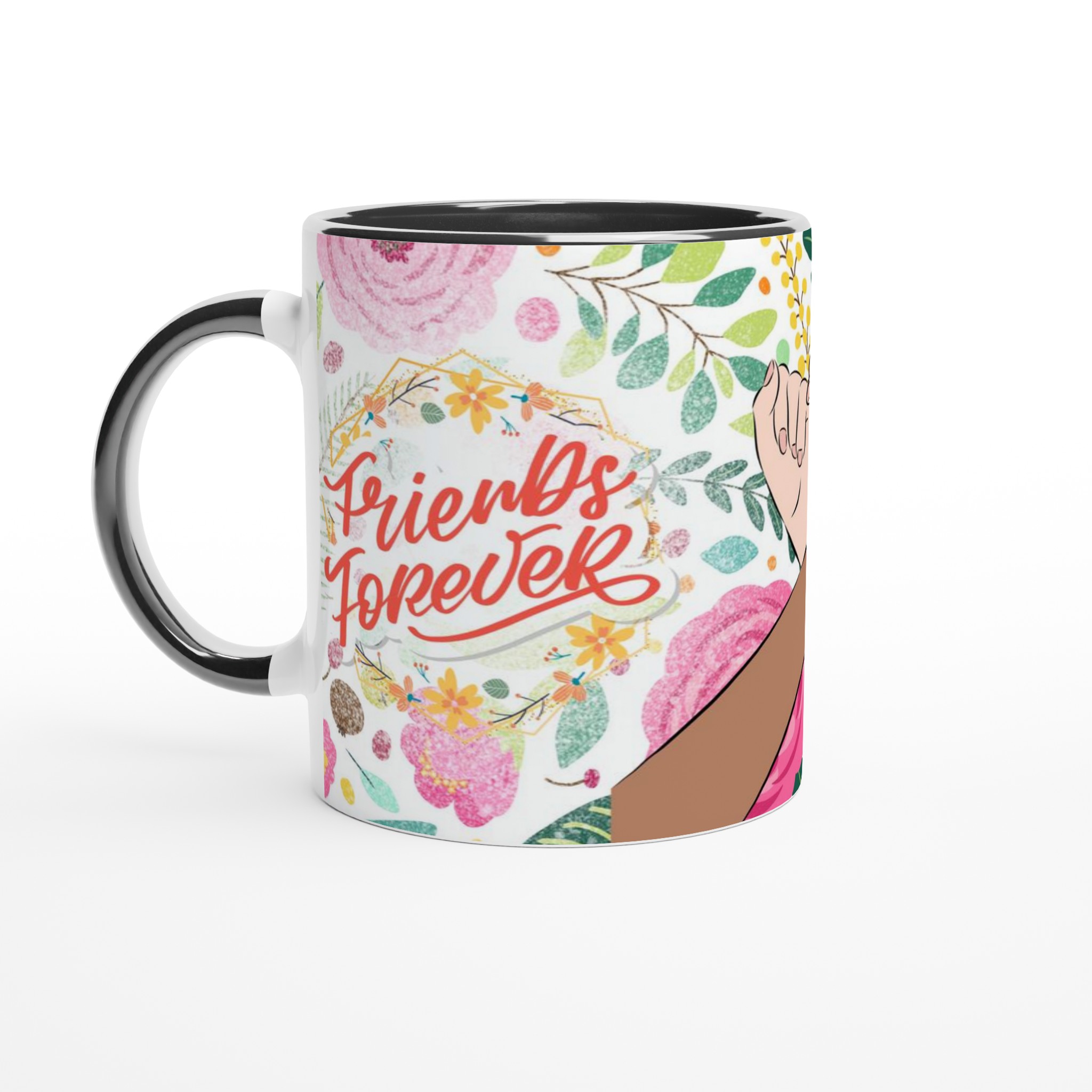 Vit 11oz keramisk mugg med "Friends Forever" blomsterdesign – välj din favoritfärg för personlighet 4 548e6c33-508a-4b81-b4bb-4cb935070ec2