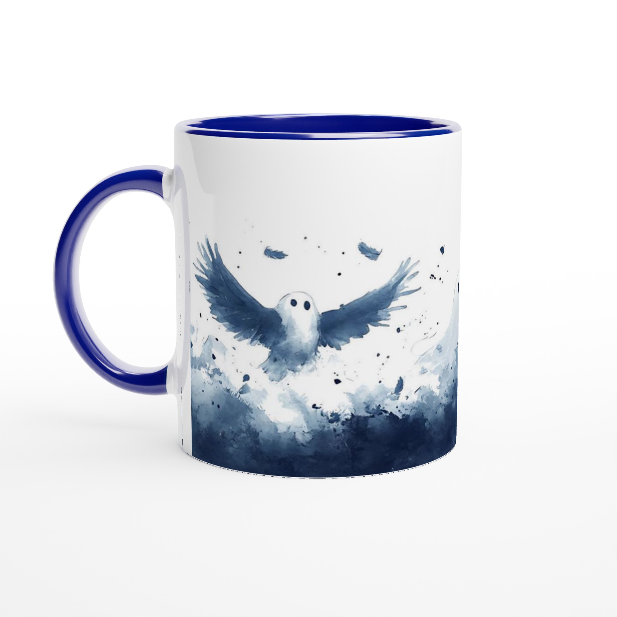 Spöklika Vänner Mugg – Akvarell Design, Charmiga Spöken och Fåglar i Dimblått – 11 oz Keramikmugg 2 54f845d8-e97d-44ac-bc47-01d59fbca9cb