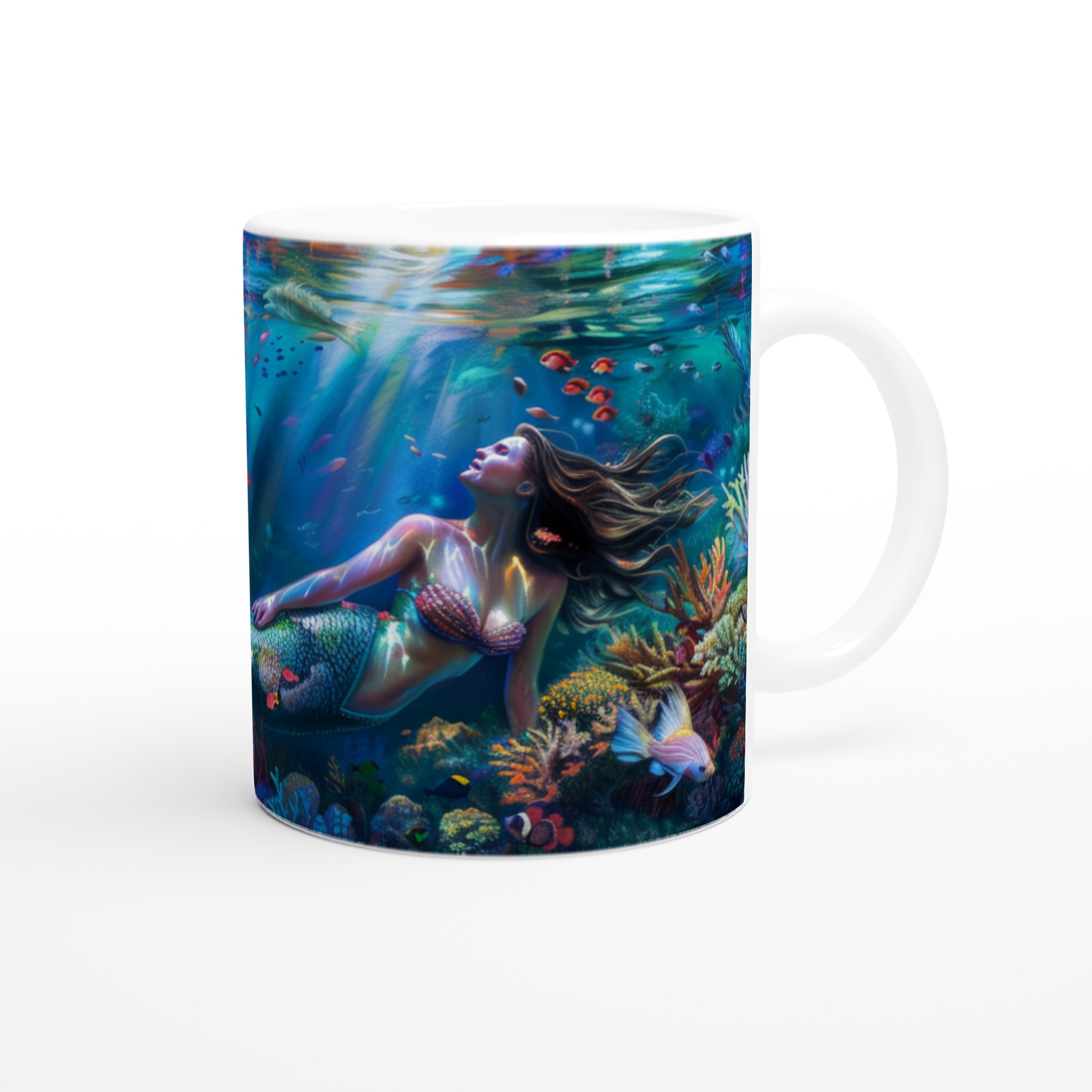Vit 11oz keramisk mugg med fantasy-sjöjungfru i färgstarkt undervattenslandskap – välj din favoritfärg 9 556cd559-9d8f-4479-a5d0-5ec3d629016e