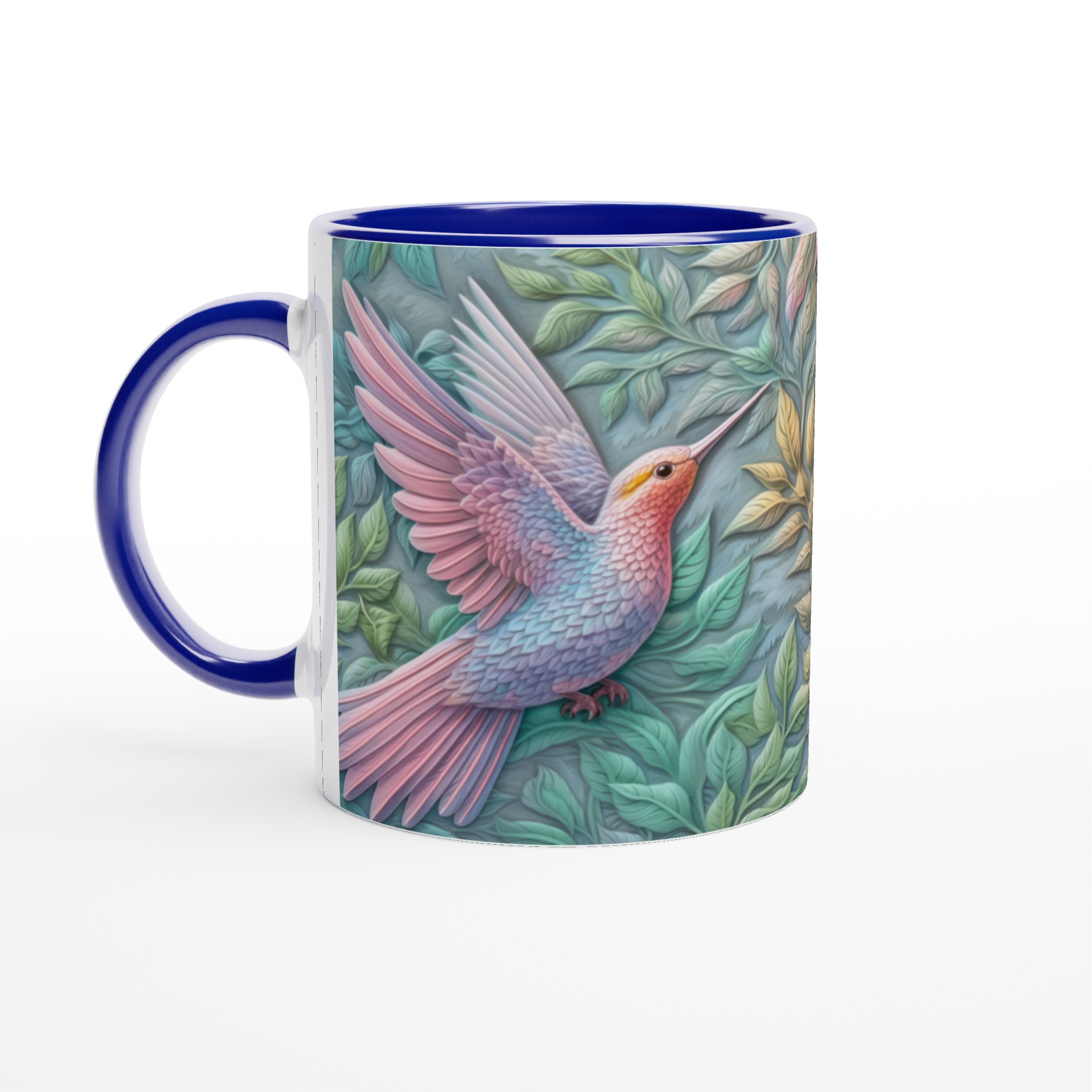 Vit 11oz keramisk mugg med drömskt kolibri- och lövmotiv i mjuka pasteller 2 557706c6-b1d0-4212-b487-8e8d69b8137b