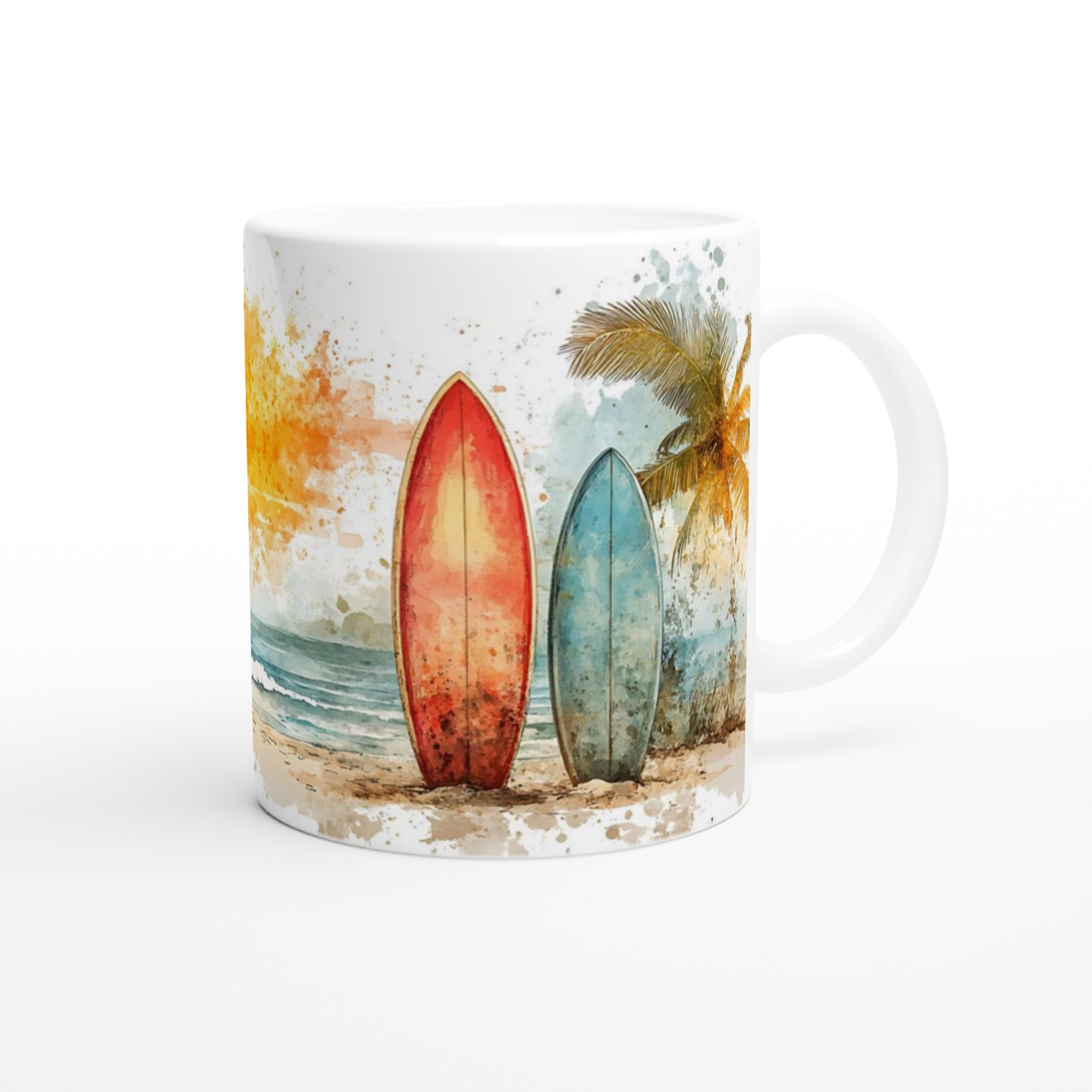 Tropisk Strand Mugg - 11oz Keramisk Kaffekopp med Surfmotiv & Palmträd i Akvarellstil, Välj bland Flera Färger 9 55cd3fca-f542-49aa-8812-6cc0bb9d36dc