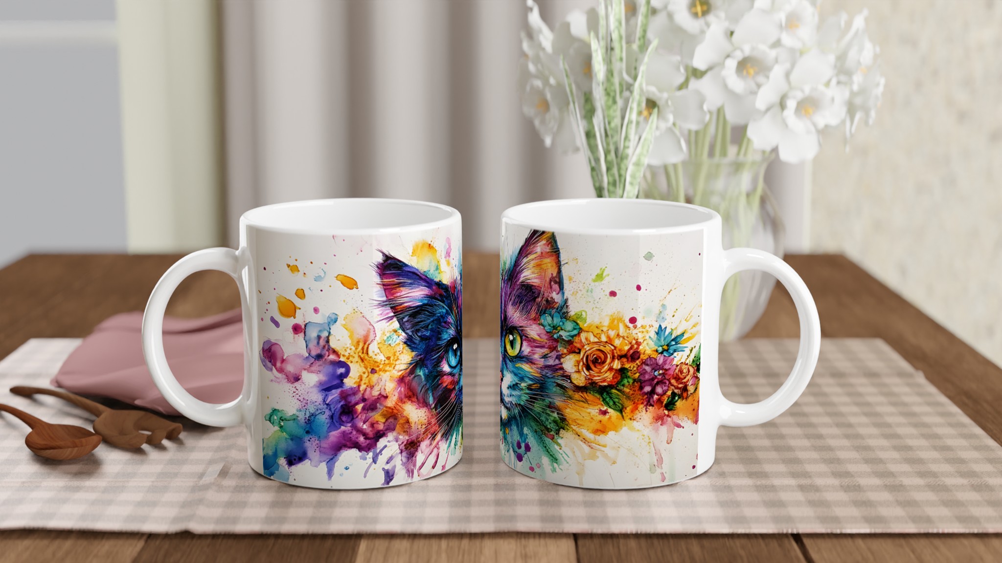 Färgsprakande Kattkonst Mugg - Unik Akvarell & Blomsterdesign - 11oz Premium Keramikmugg i Valfri Färg 10 560ca569-d2d7-4efd-acf3-45268d762038